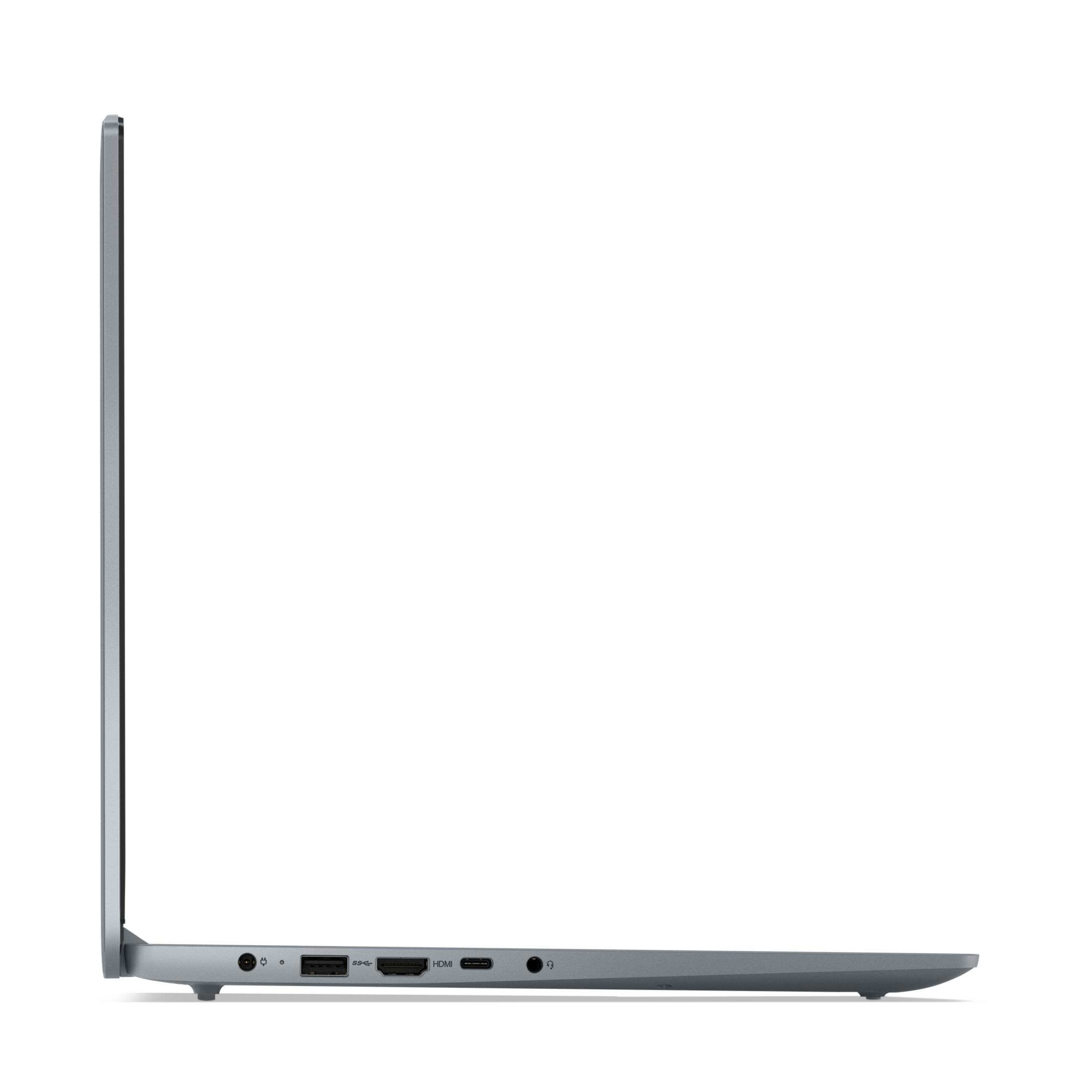 Perfil de portátil plateado mostrando puertos: USB, HDMI, auriculares.