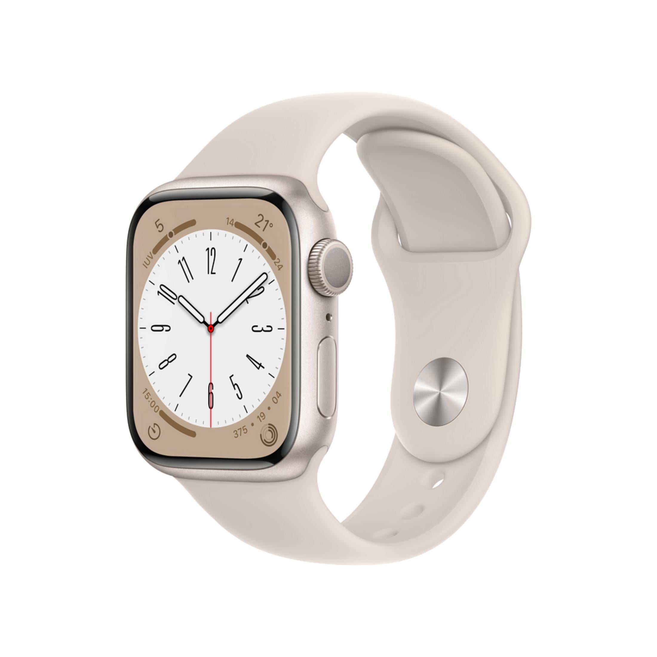 Un reloj inteligente de color claro con esfera redonda que muestra hora y temperatura.