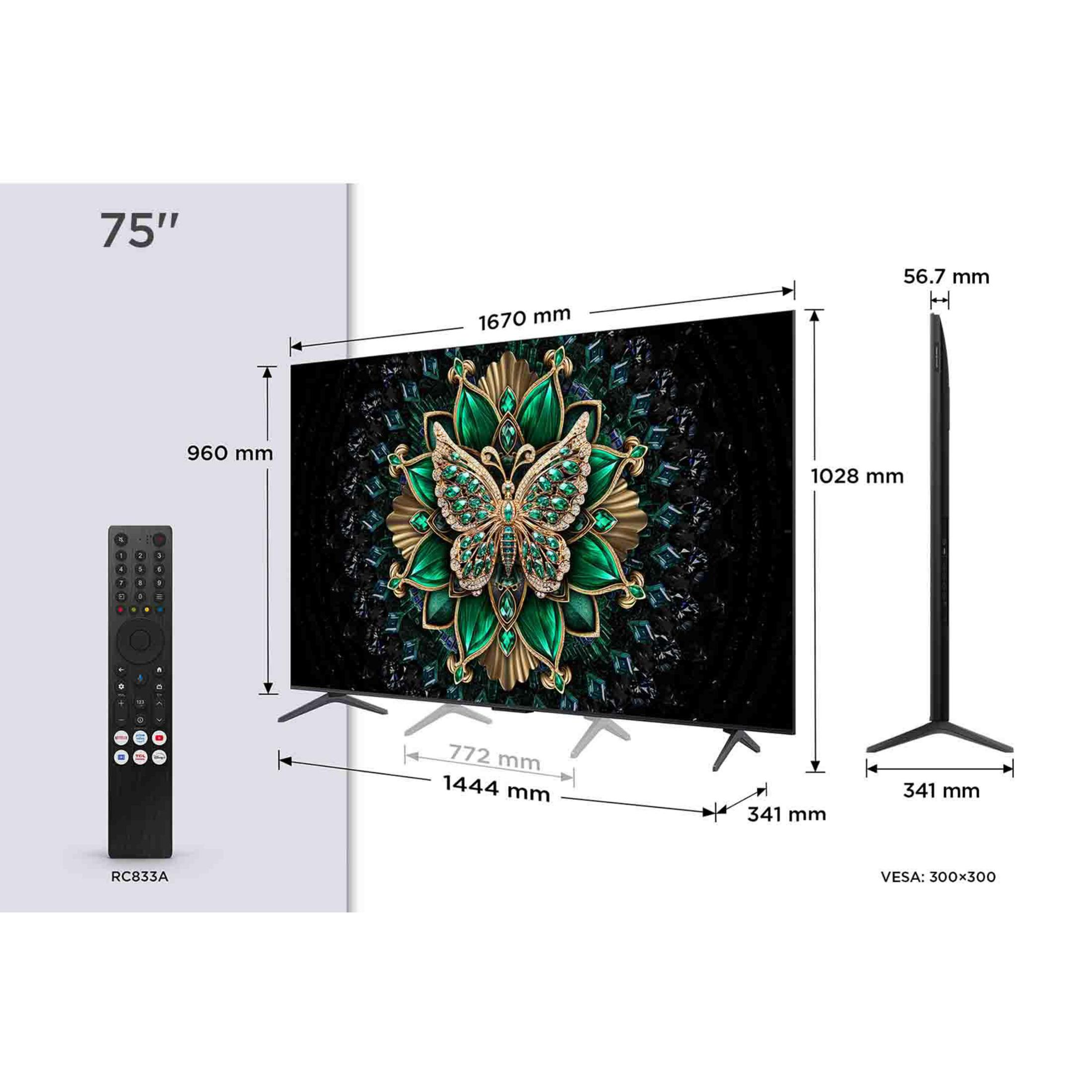 75-Zoll-TV mit Fernbedienung und Abmessungen. Bildschirm zeigt Schmetterlingskunst.