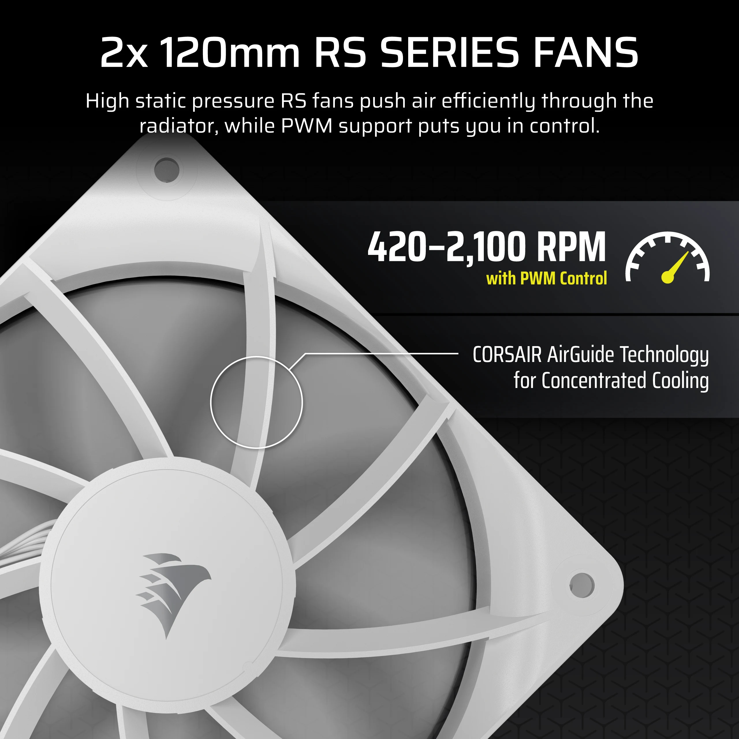 Een witte 120 mm pc-ventilator met Corsair-logo en specificaties.