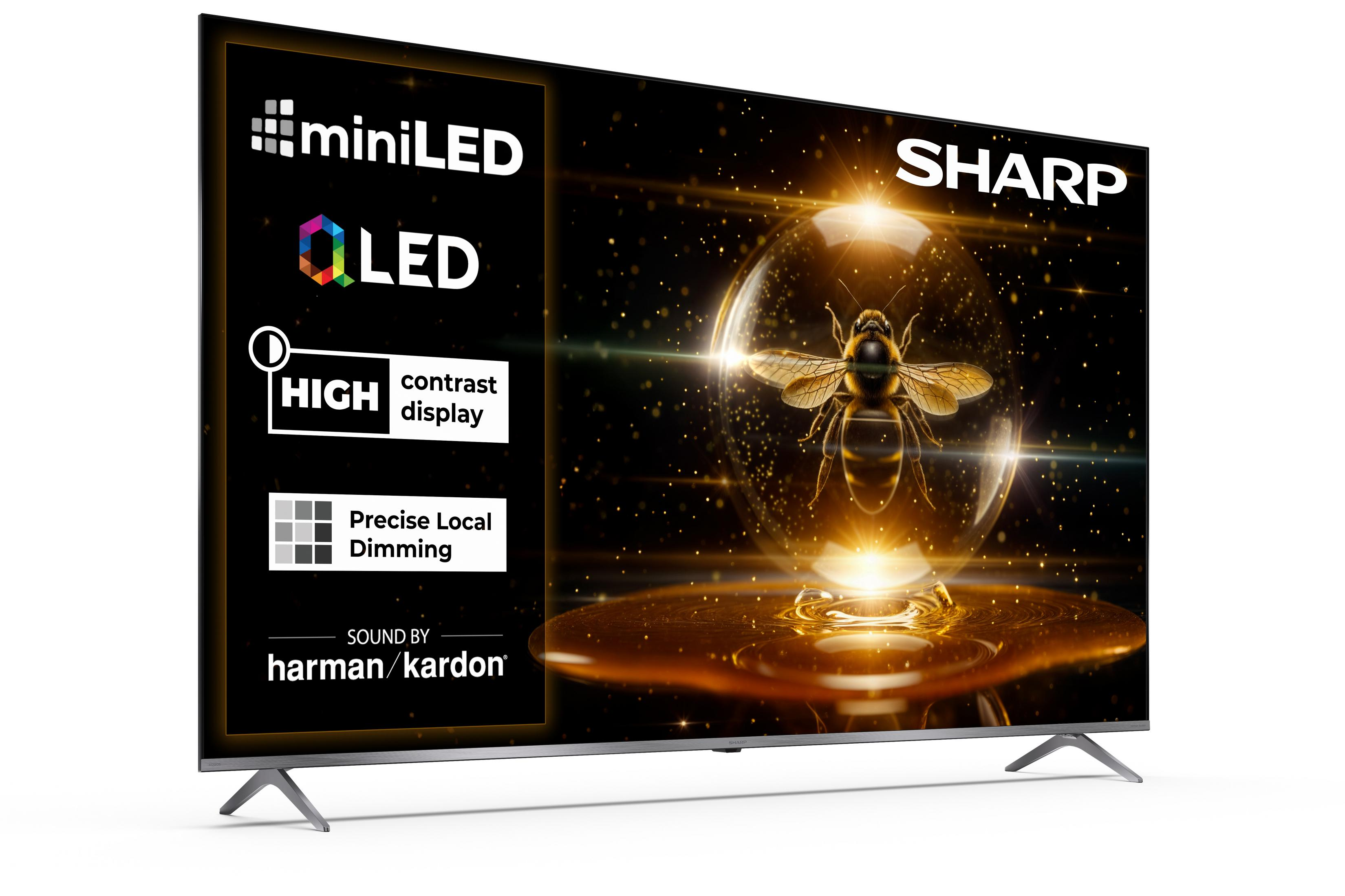 Ein Sharp Fernseher mit MiniLED, OLED, High Contrast, Local Dimming und Harman Kardon Sound.