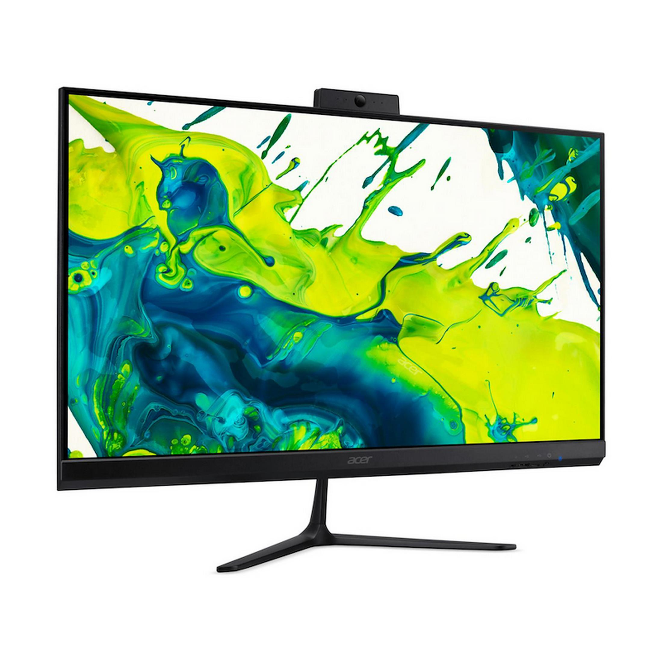 Un ordenador todo en uno Acer negro con un vibrante fondo de pantalla abstracto.