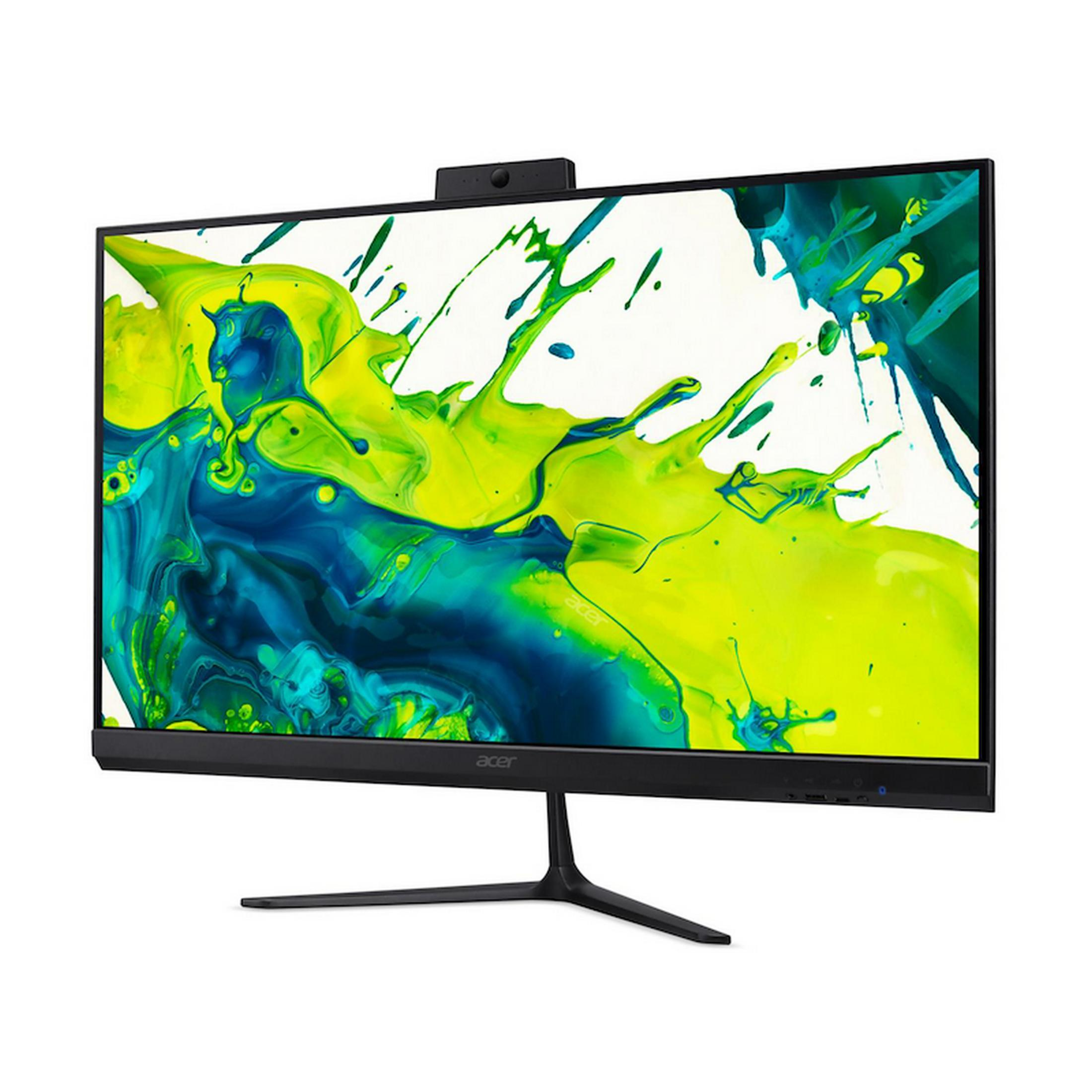 Un ordenador todo en uno Acer negro con un fondo de pantalla vibrante y salpicado.