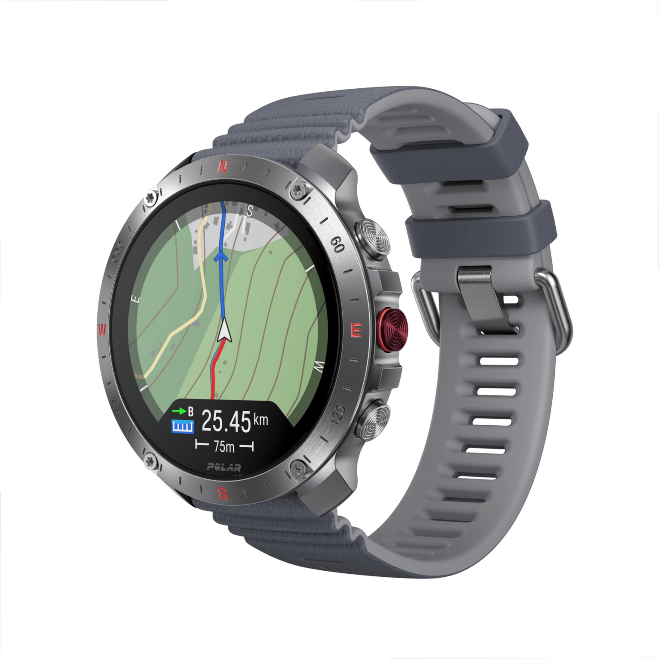 Orologio smart grigio con mappa di navigazione, distanza 25,45 km e altitudine 75 m.
