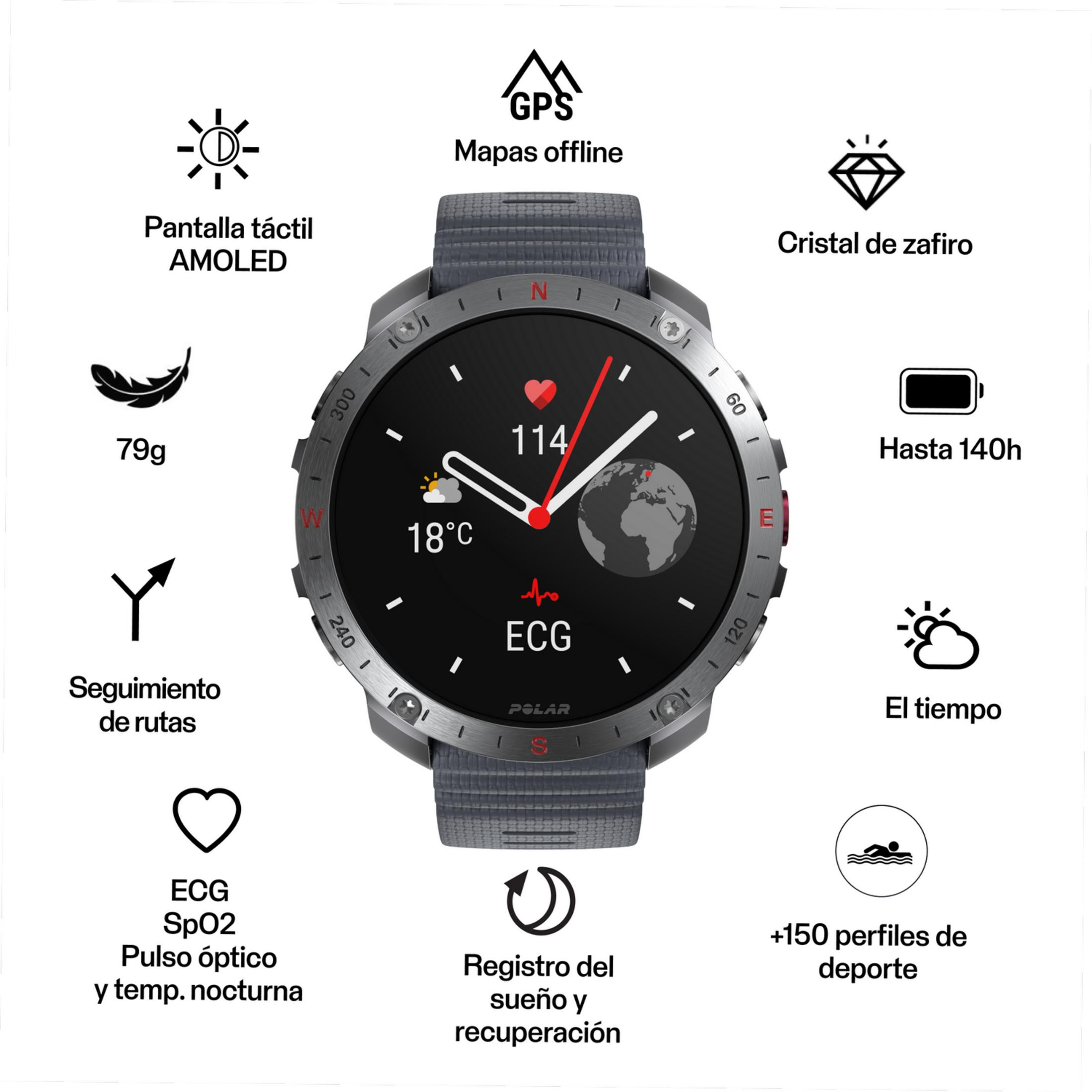 Smartwatch con display AMOLED, GPS, vetro zaffiro, 79g, tracciamento percorsi, ECG, SpO2, sonno.