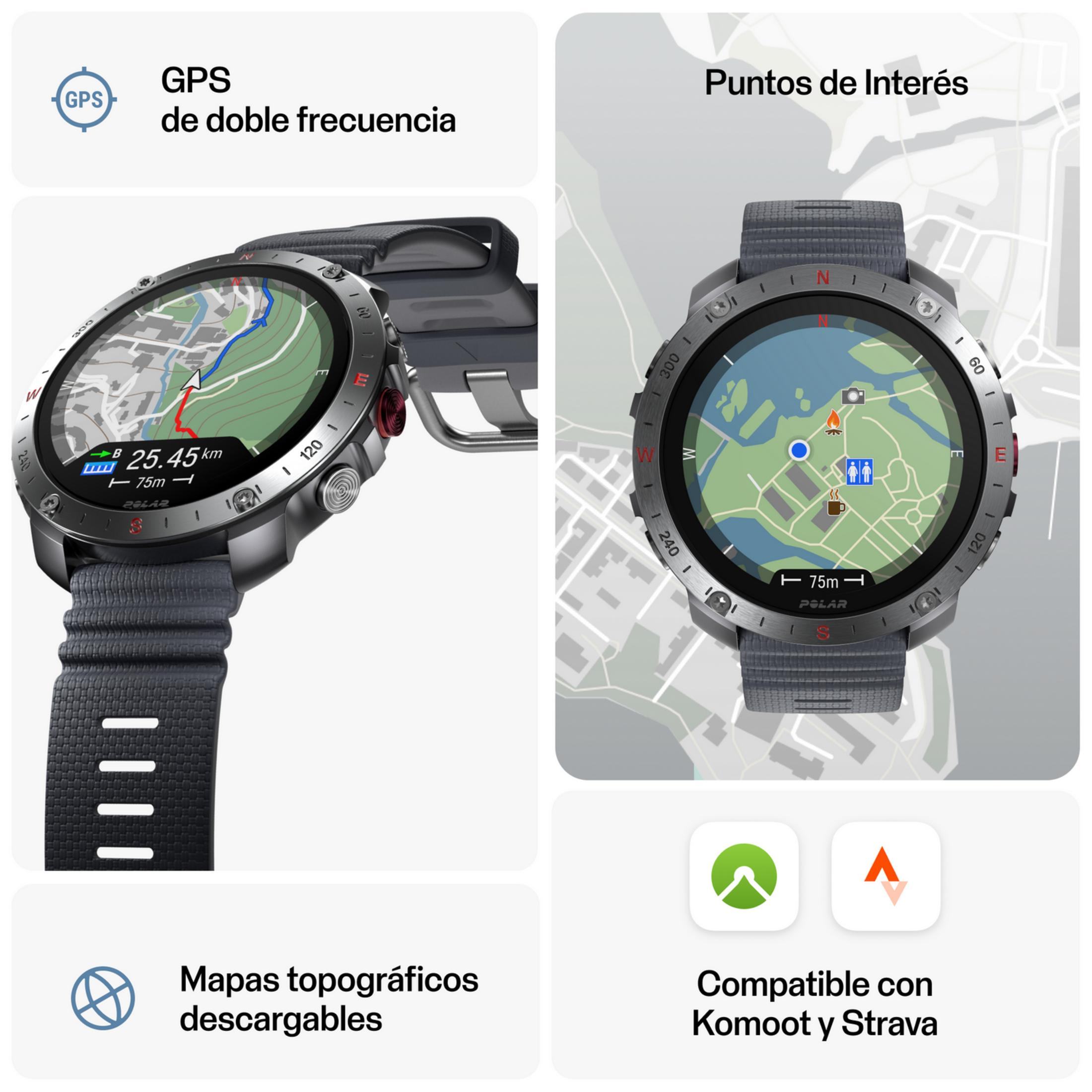 Due orologi con mappe di navigazione e funzioni. Uno mostra dati GPS, l'altro POI.