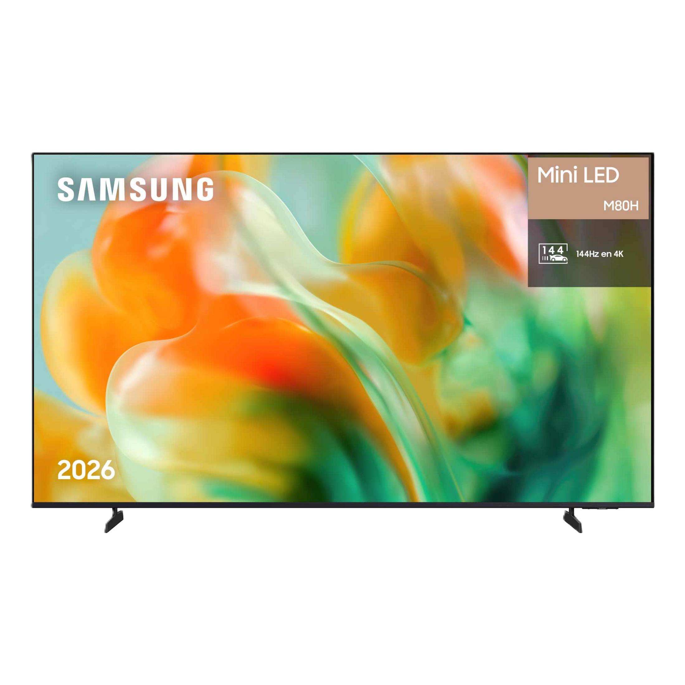 TV Samsung Mini LED M80H 4K 144Hz, muestra un patrón abstracto naranja y verde.