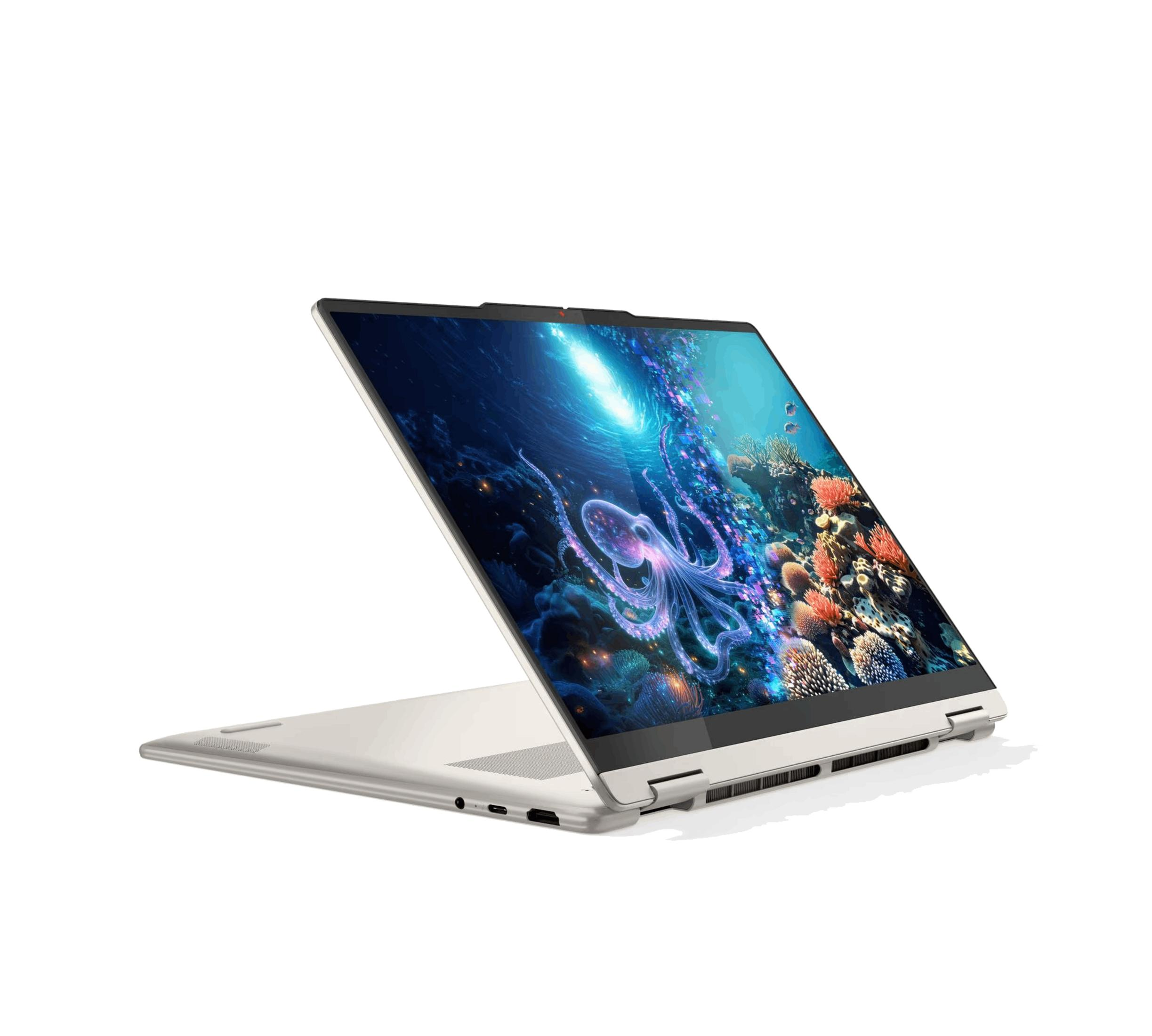 Un laptop grigio chiaro aperto, che mostra un polpo e una barriera corallina.