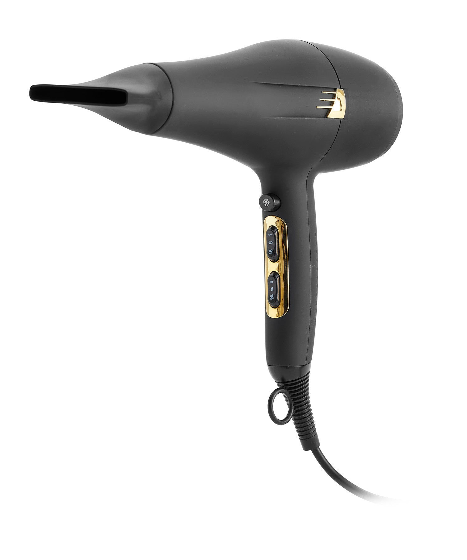 Secador de pelo negro con detalles y controles dorados.