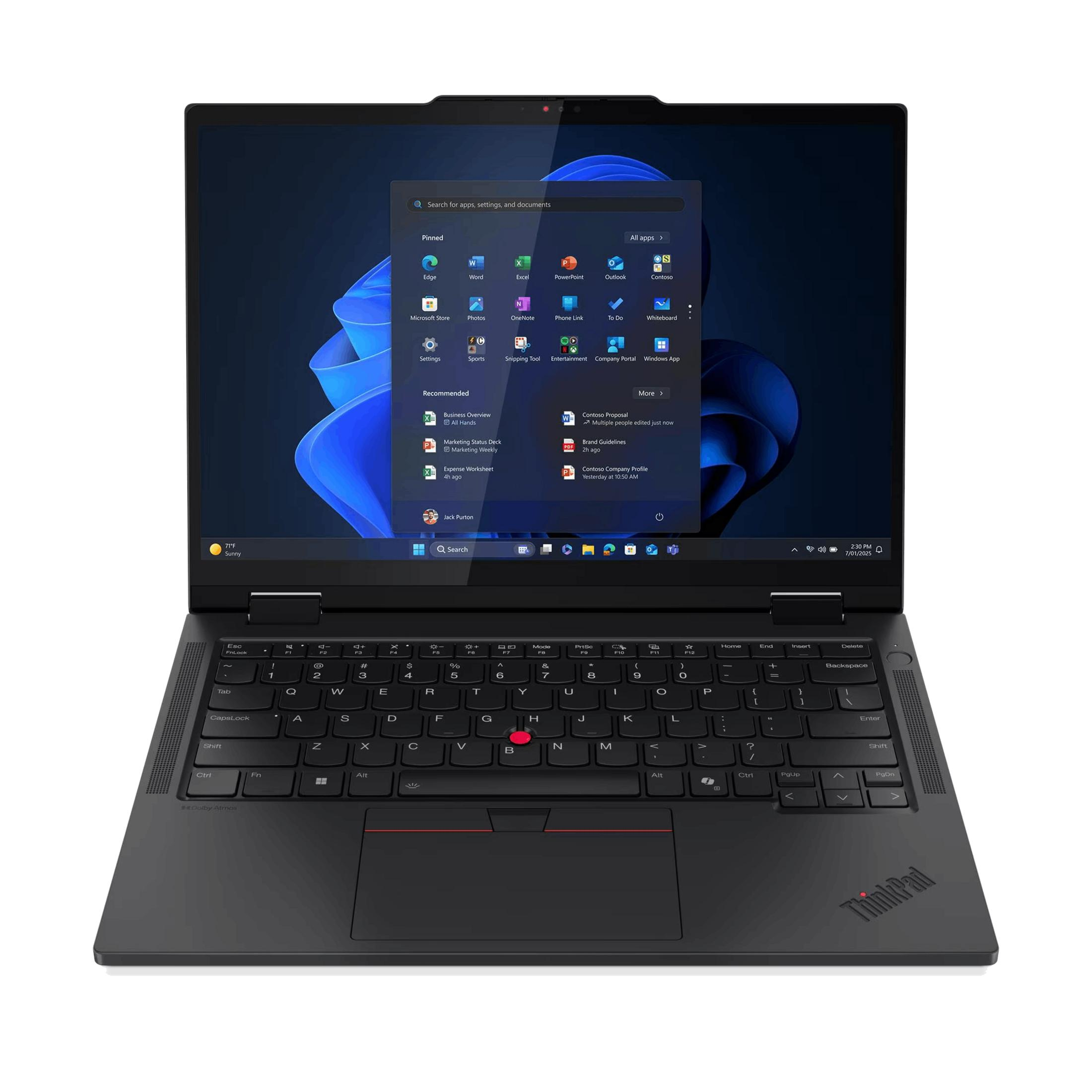 Un portátil negro Lenovo ThinkPad abierto mostrando el menú Inicio de Windows 11.