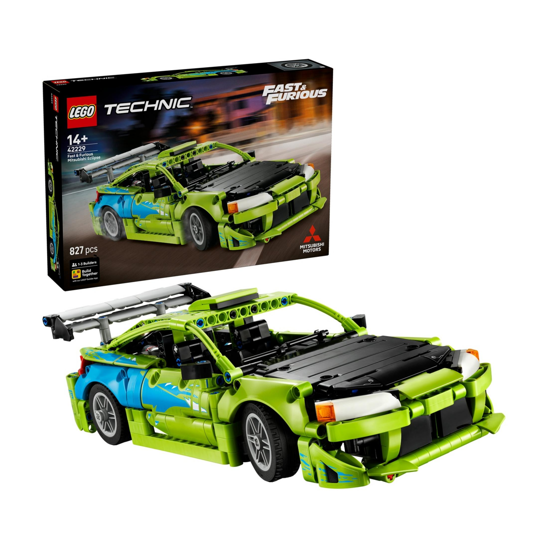 LEGO Technic verde Fast & Furious Mitsubishi Eclipse con calcomanías de llamas azules.