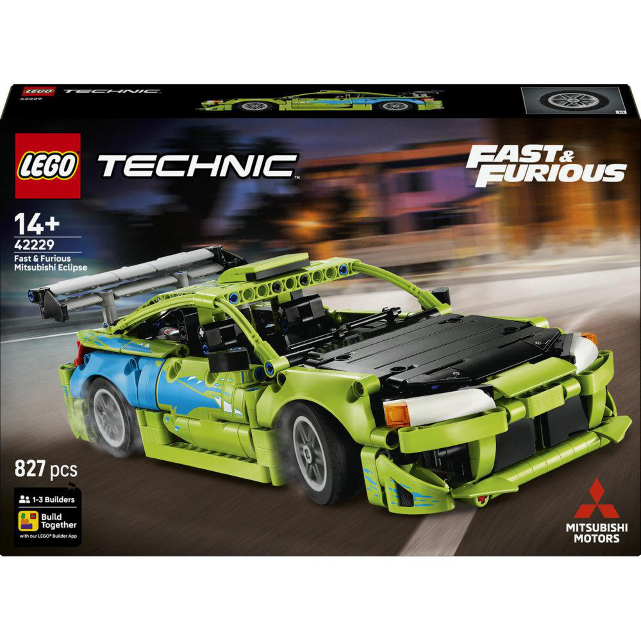 Un Mitsubishi Eclipse verde de LEGO Technic "Fast & Furious" con pegatinas.