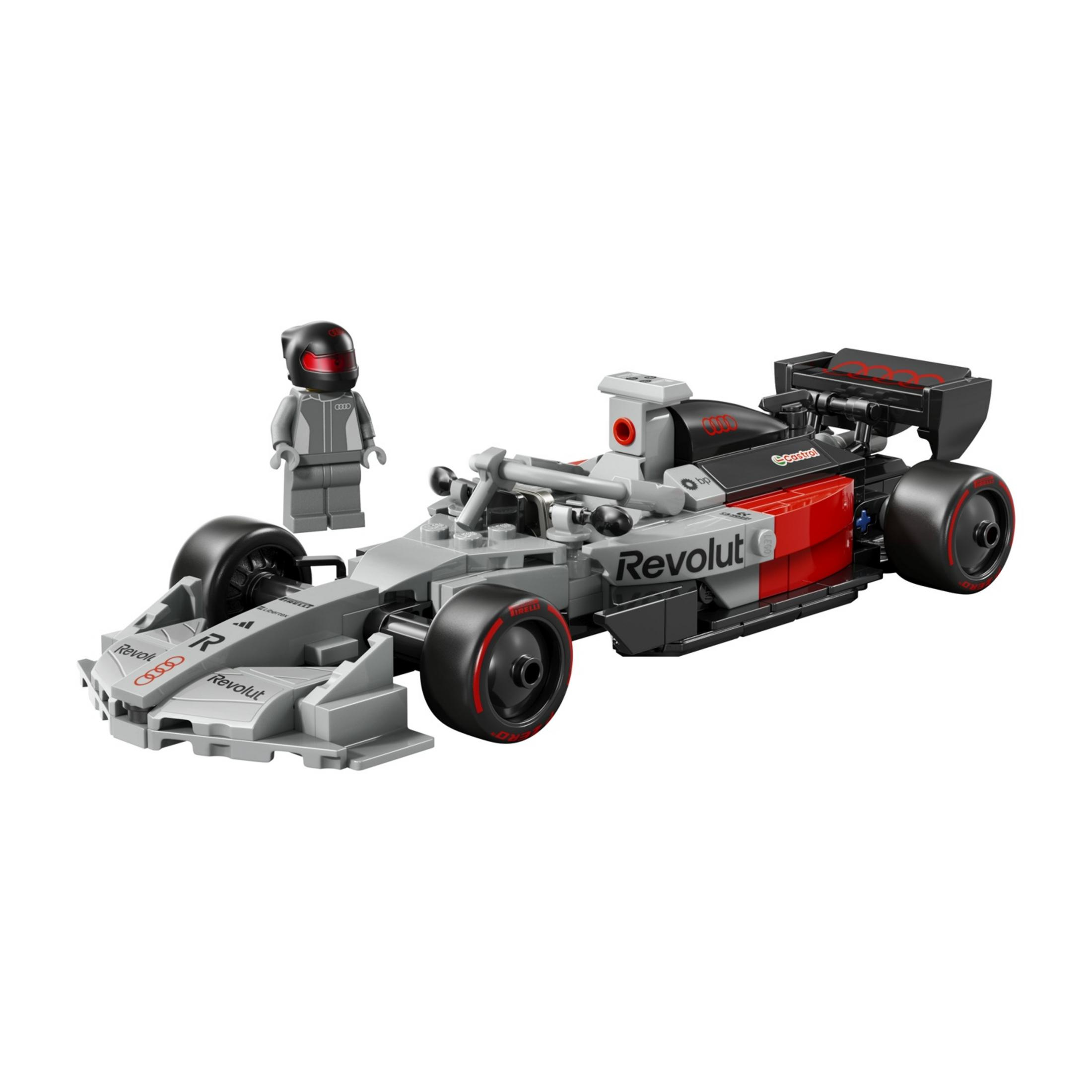 Kırmızı vurgulu gri Lego Formula 1 araba ve sürücü figürü.