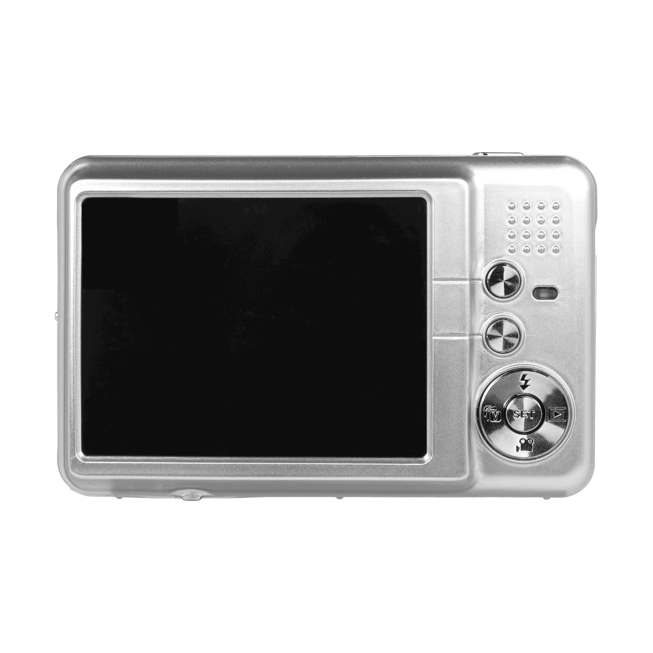 Achterkant van een zilveren digitale camera met zwart scherm en bedieningsknoppen.