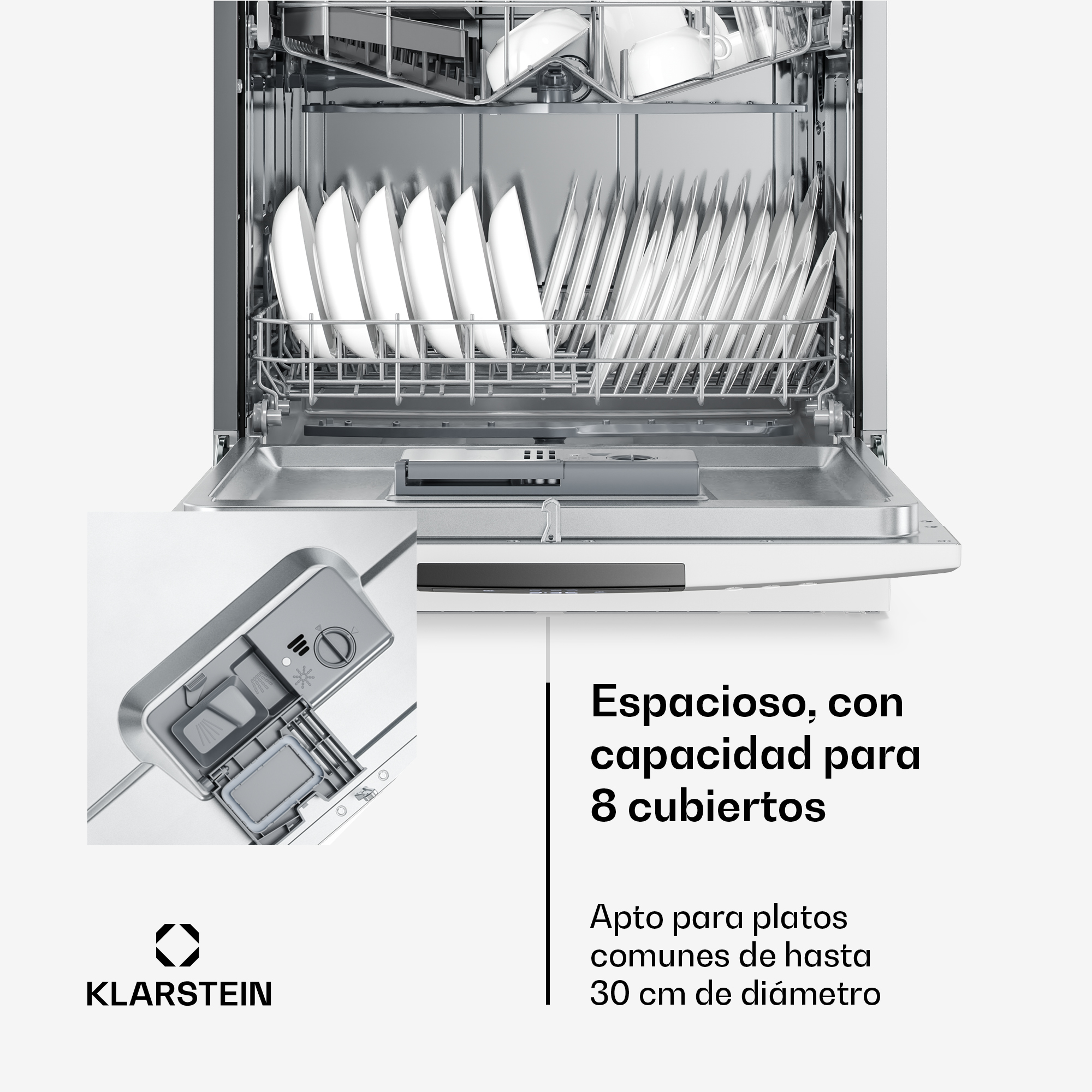 Lavavajillas con una carga completa de platos blancos. Primer plano del dispensador.