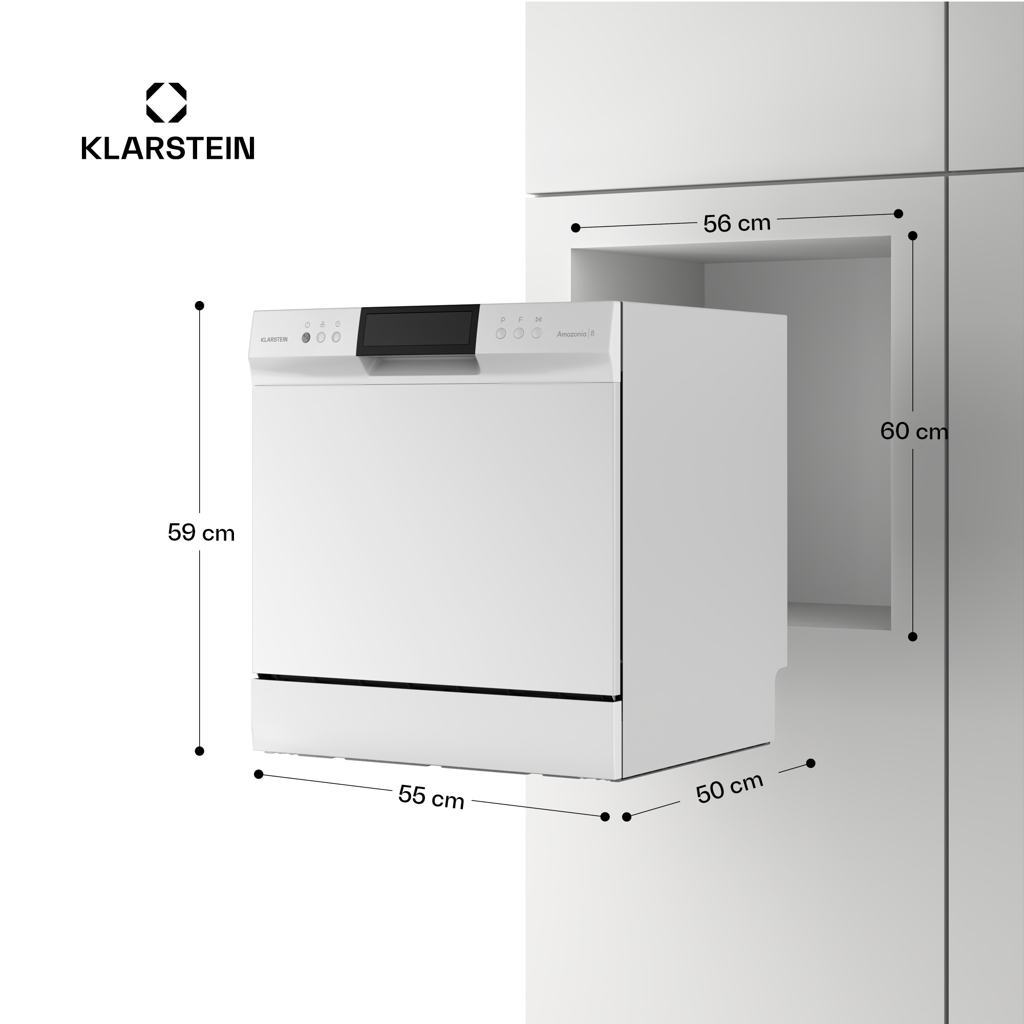 Un lavavajillas blanco Klarstein con pantalla y controles, se indican las dimensiones.