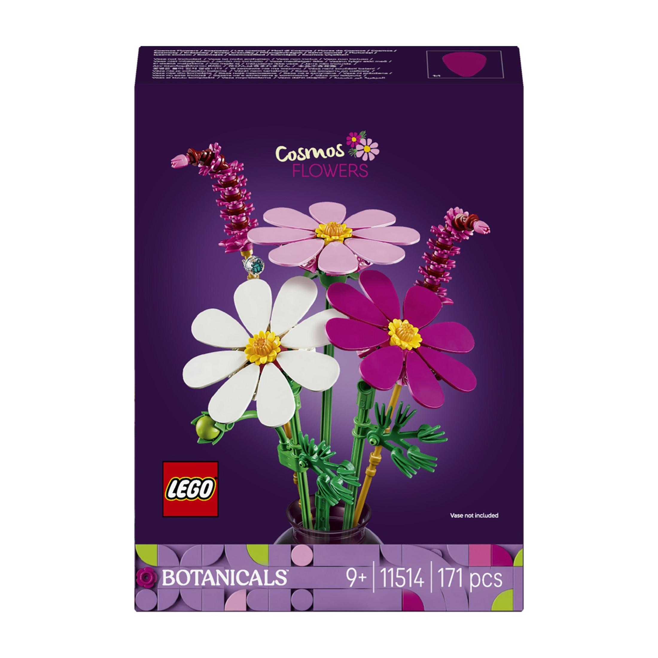 Scatola set Lego Botanicals Cosmos Flowers con fiori bianchi, rosa e viola. Vaso non incluso.
