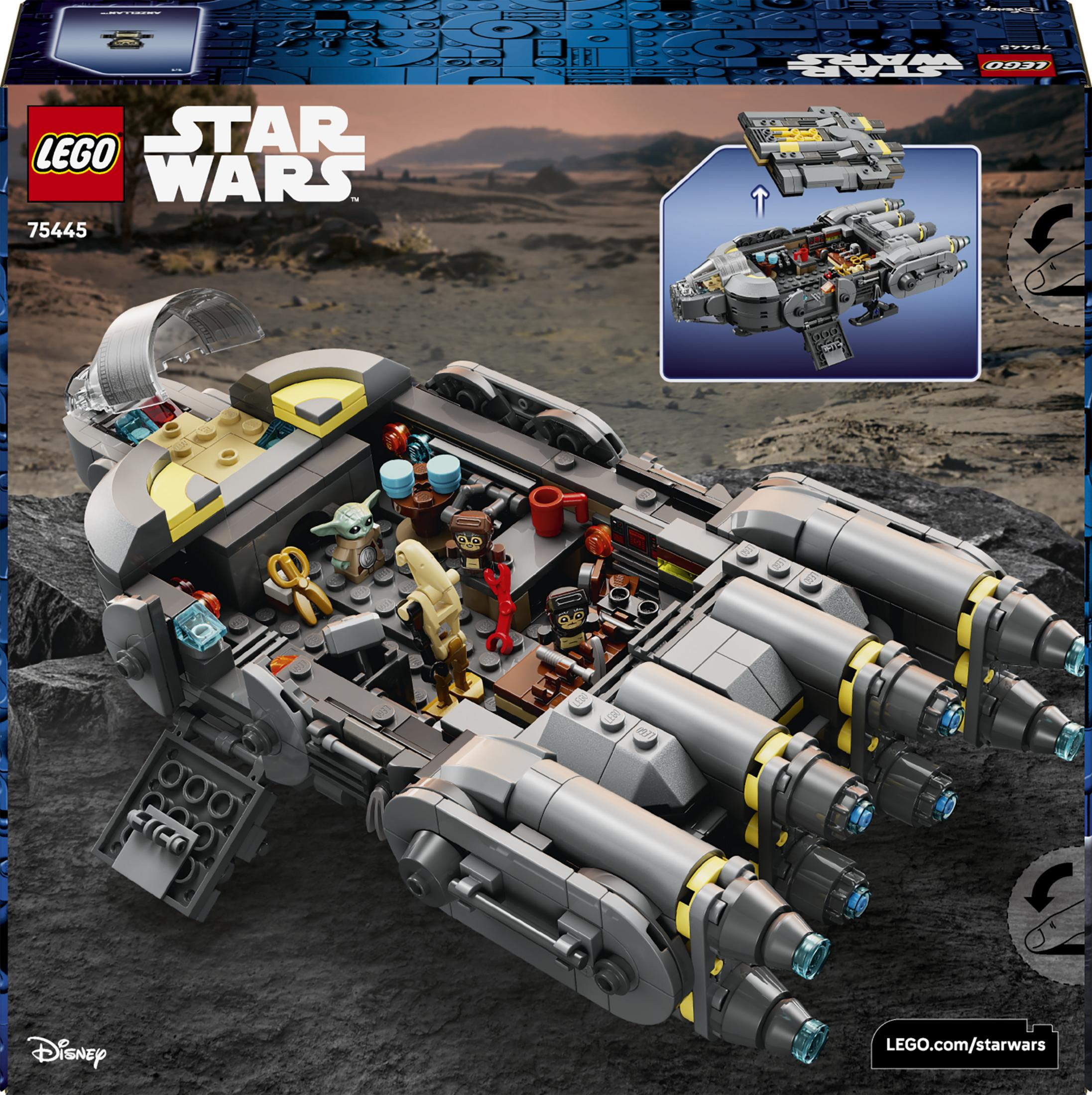 Set Lego Star Wars 75445: una nave espacial gris con figuras, en un paisaje rocoso.