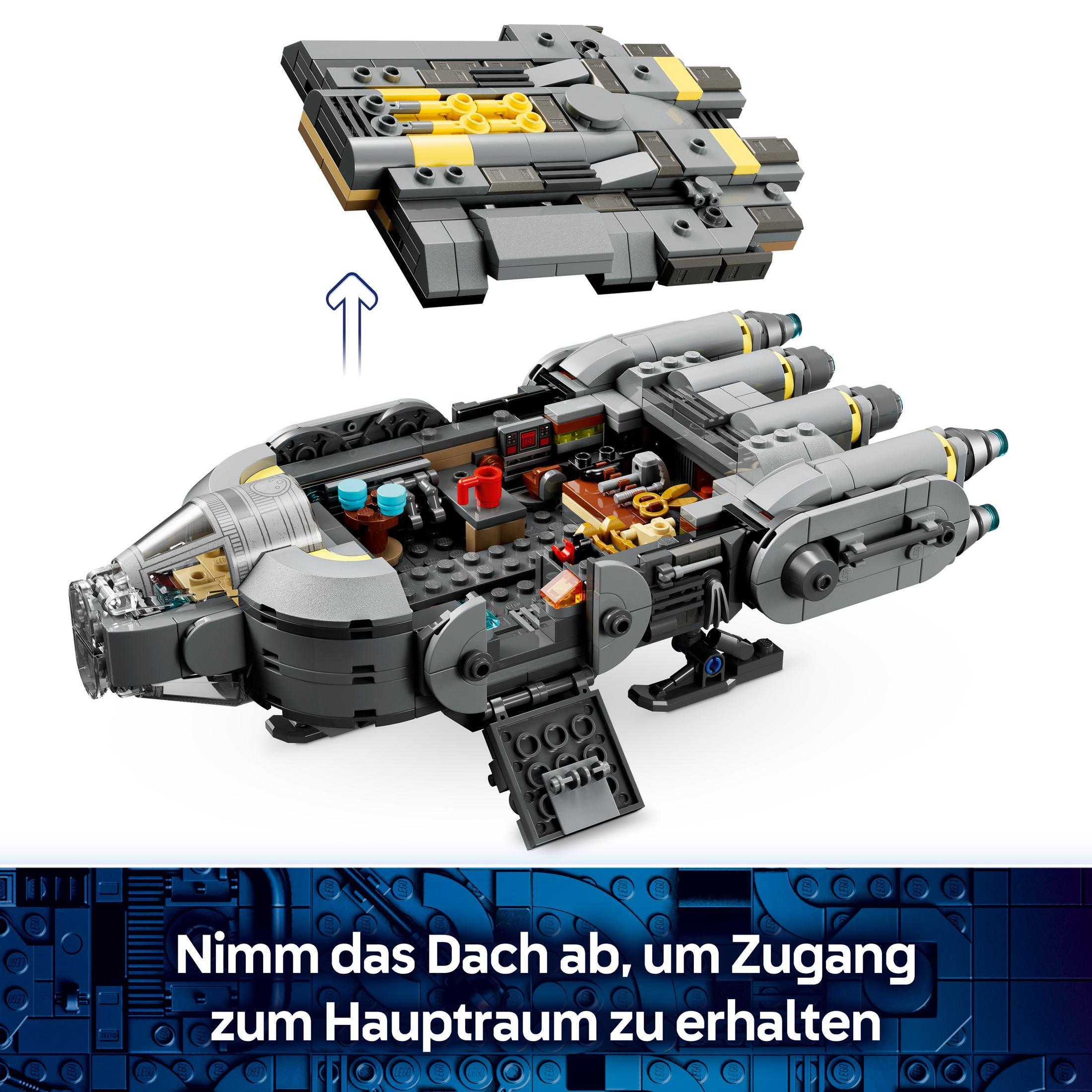 Un modelo de nave espacial Lego gris y amarillo mostrado arriba y abajo.