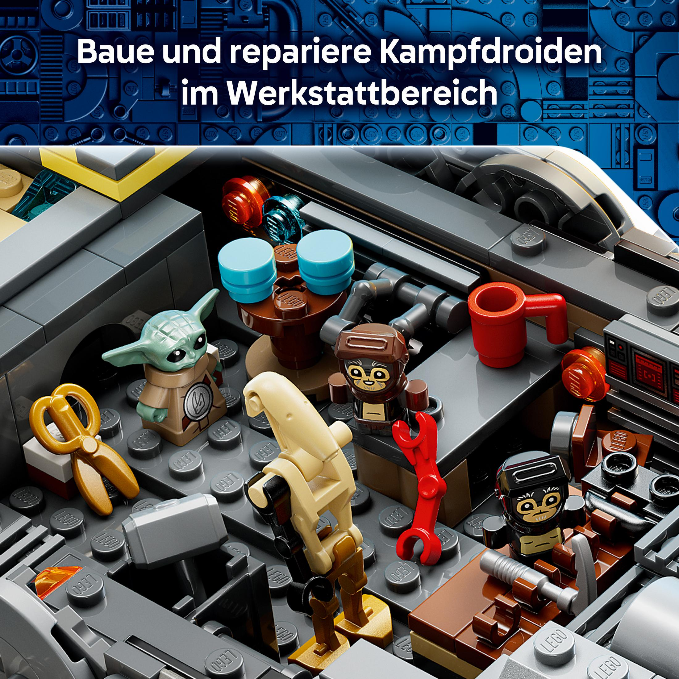 Taller LEGO con Baby Yoda, droides y herramientas.