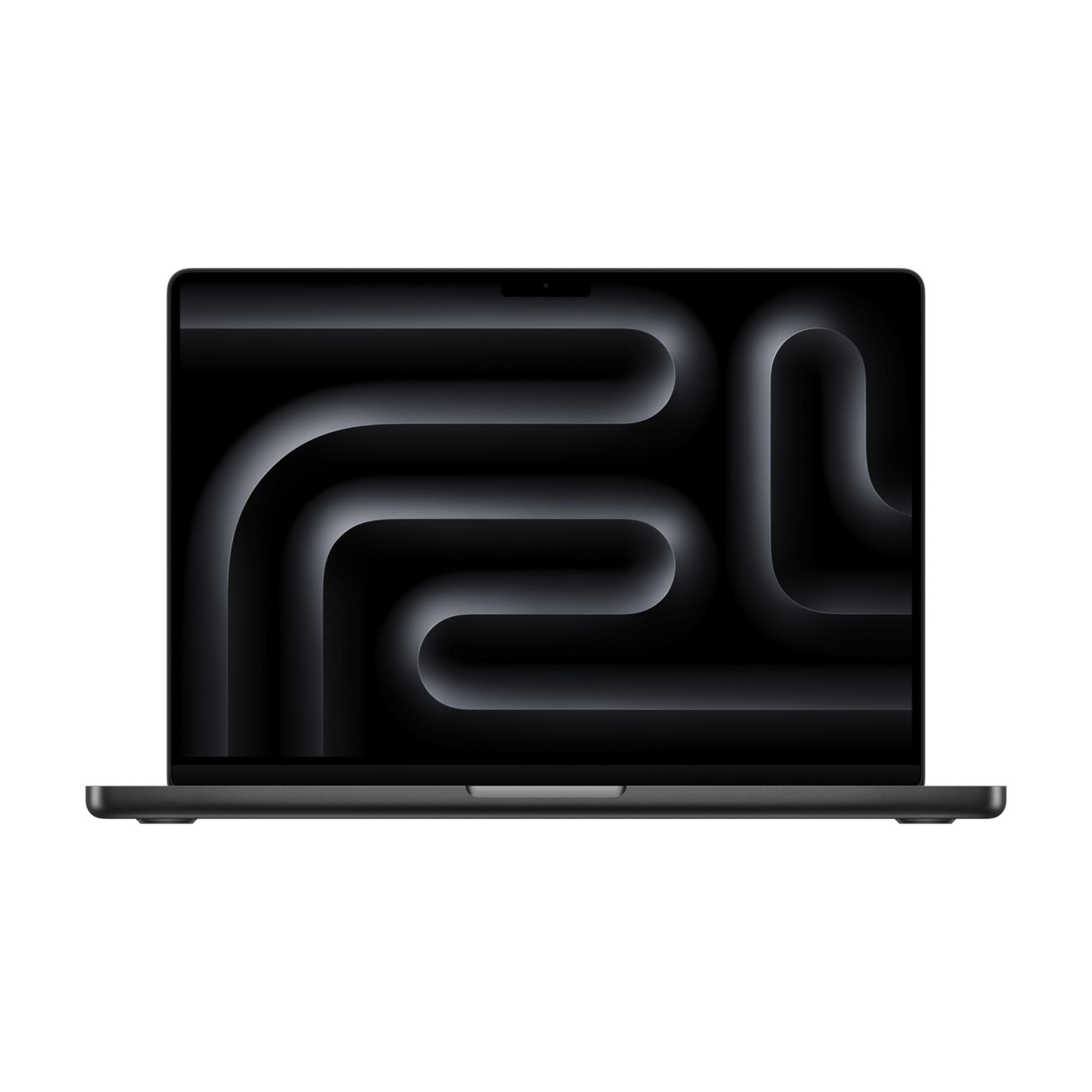 Ciemny laptop z abstrakcyjną, zakrzywioną tapetą na ekranie.