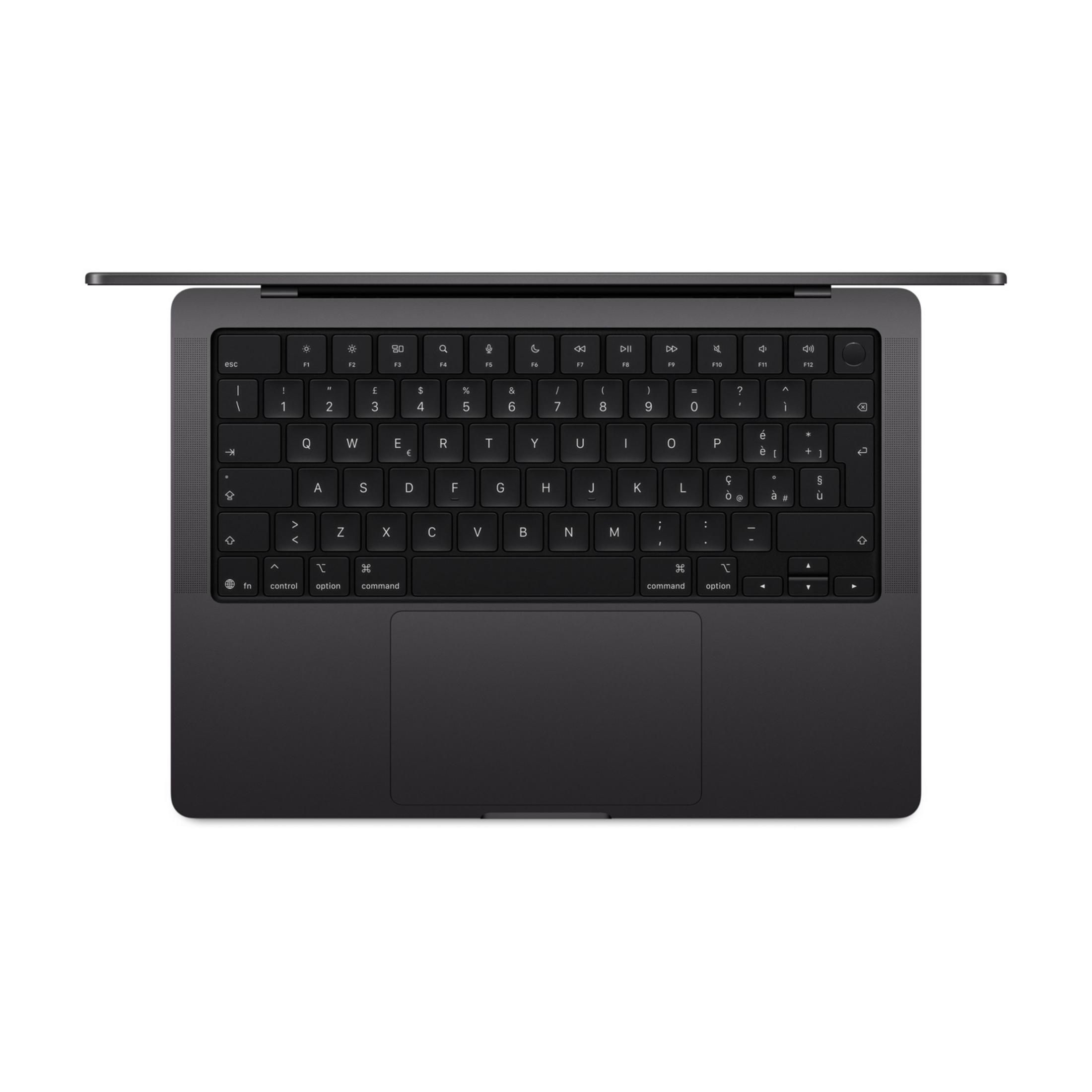Ciemnoszary MacBook z otwartą klawiaturą i gładzikiem.