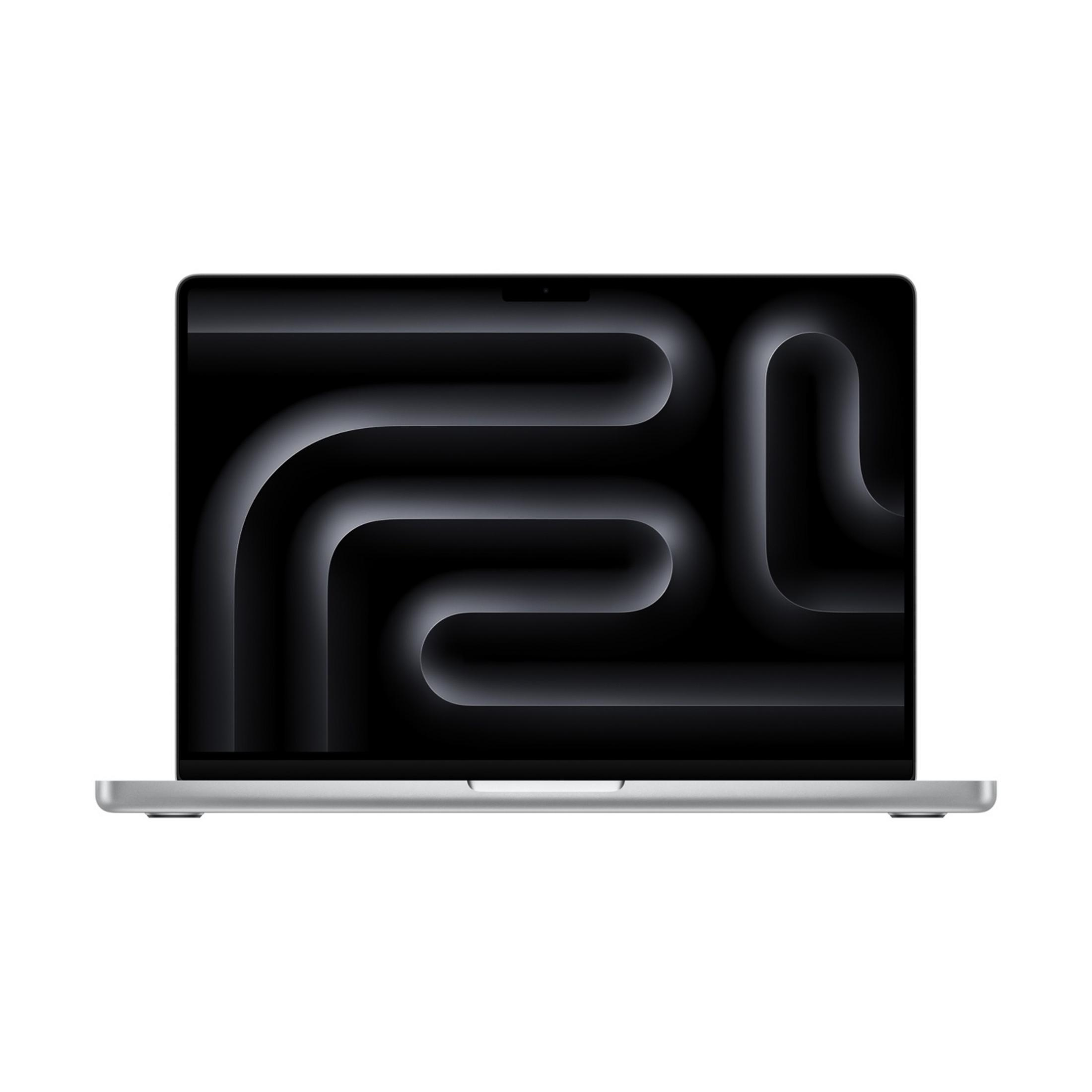 Un laptop argentato con schermo nero che mostra un motivo astratto curvo.