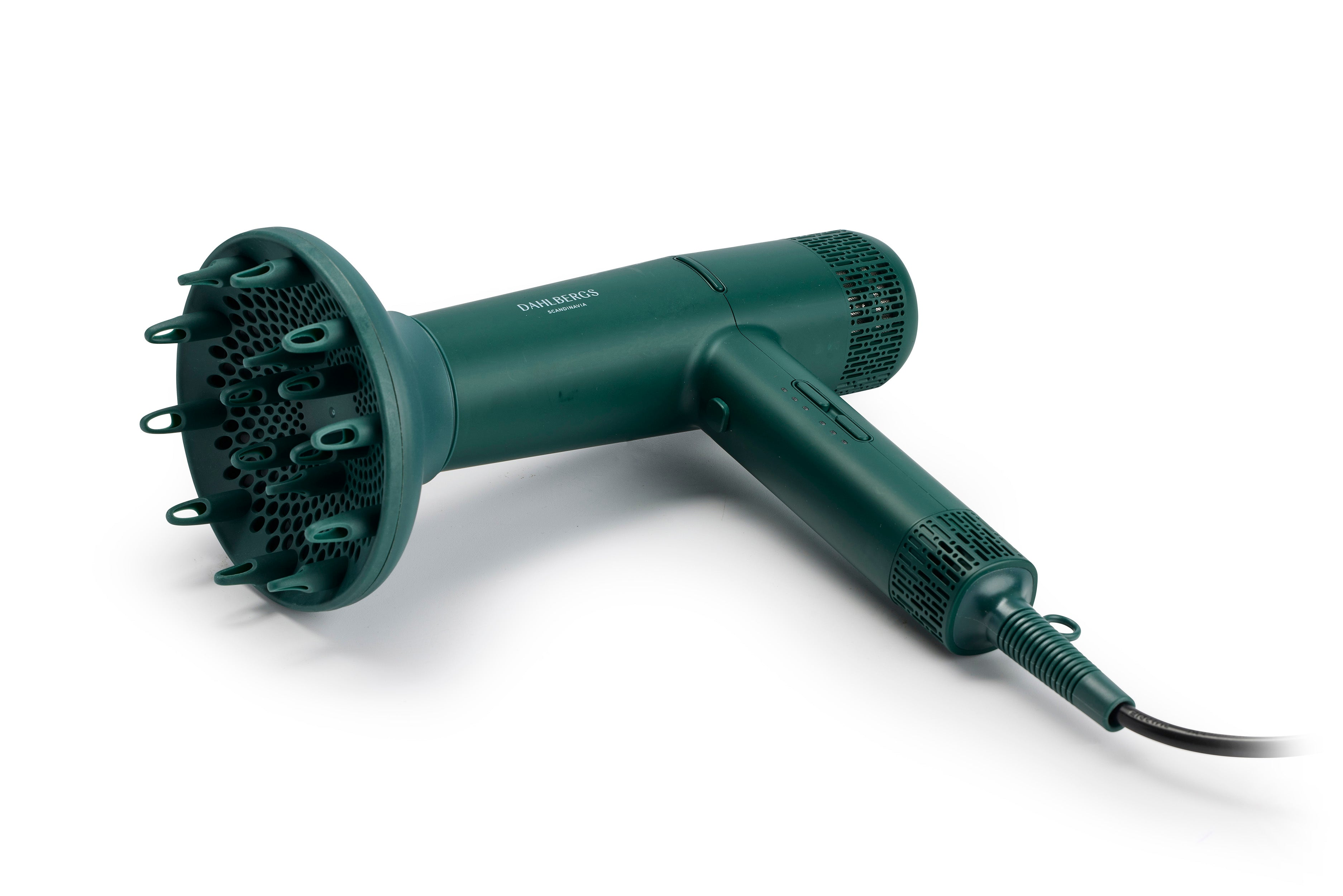 Secador de pelo verde oscuro con difusor, cable negro y controles.