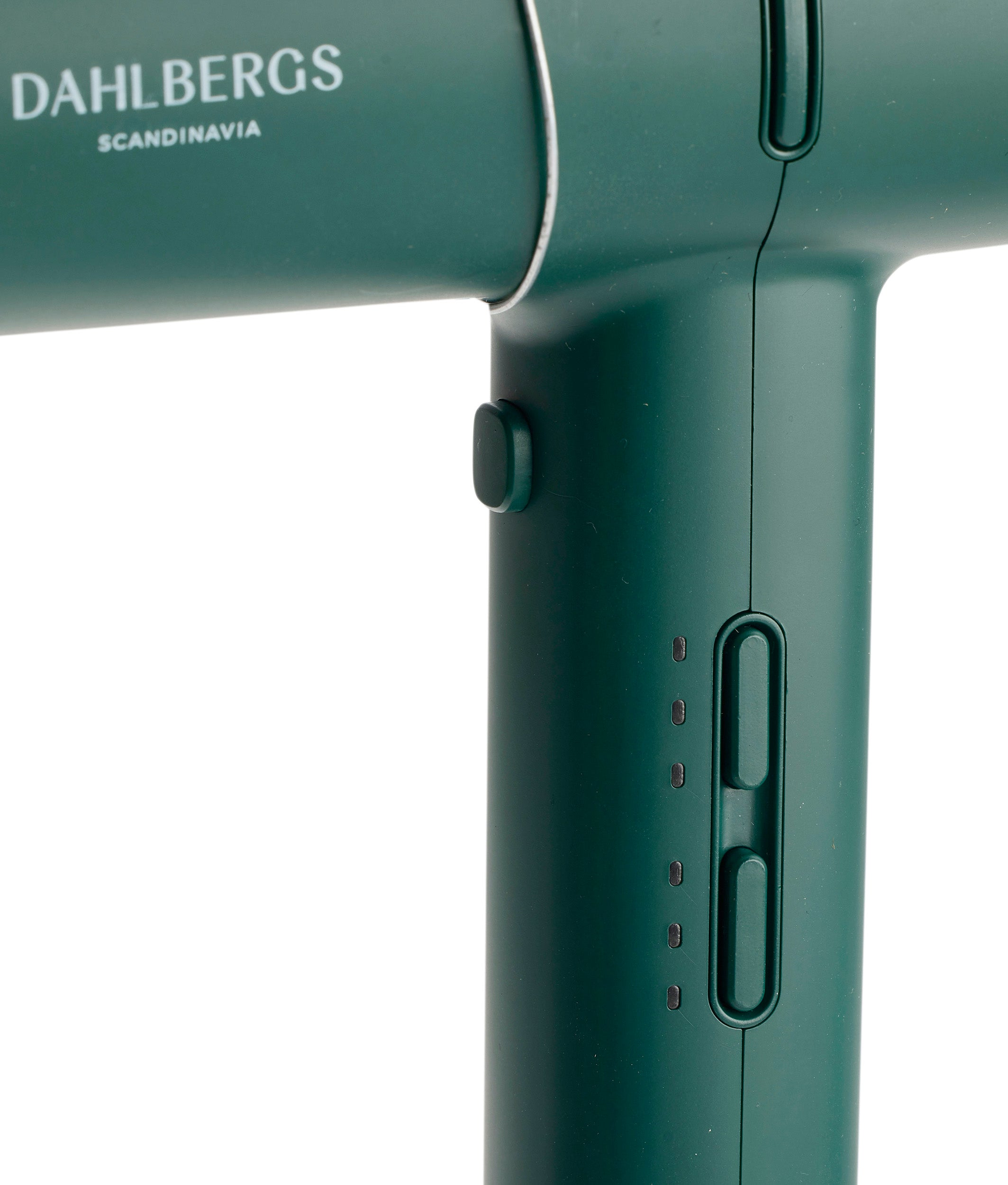 Secador de pelo verde oscuro con acento plateado y botones.
