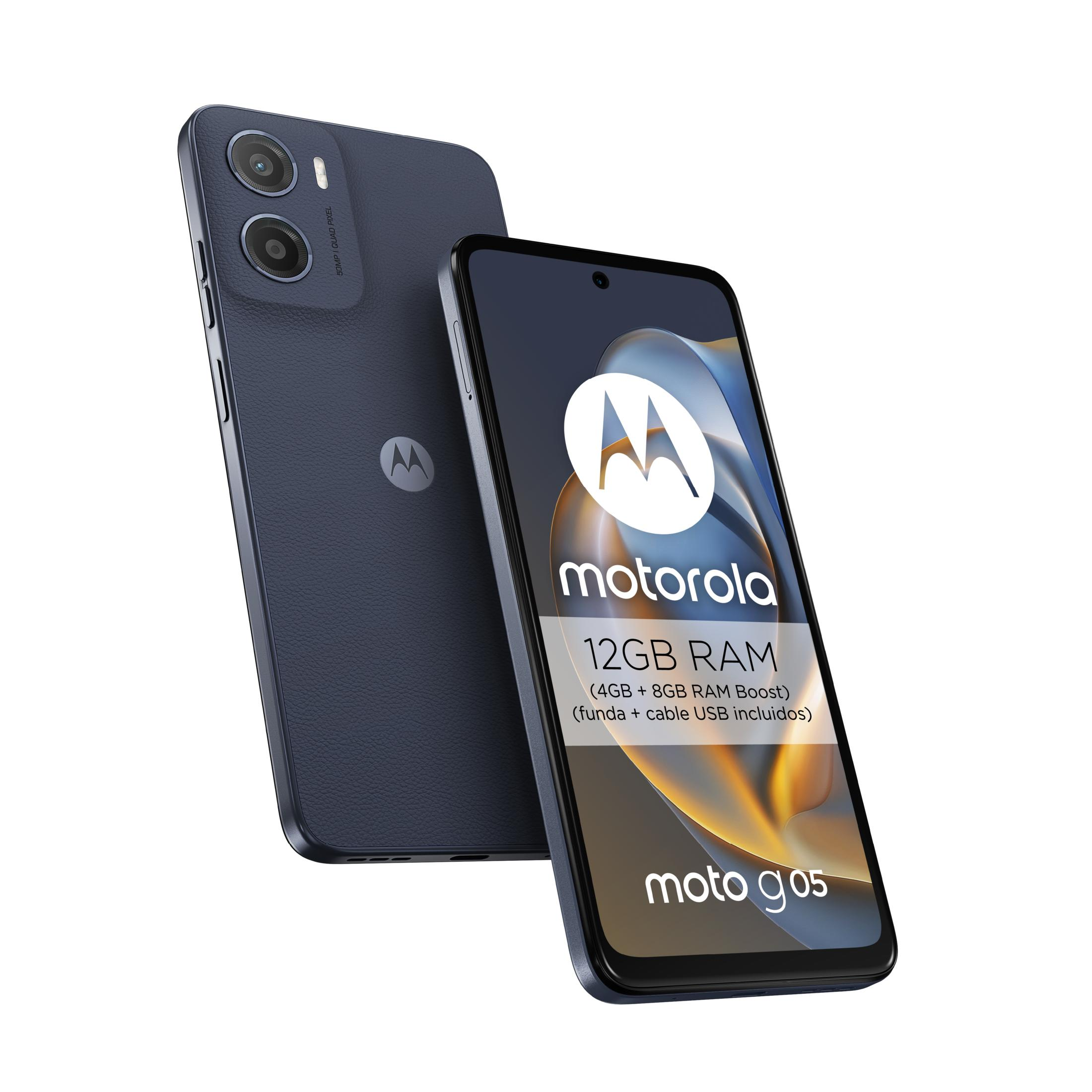 Motorola Moto G05 azul oscuro con 12 GB de RAM y cámara de 50 MP.