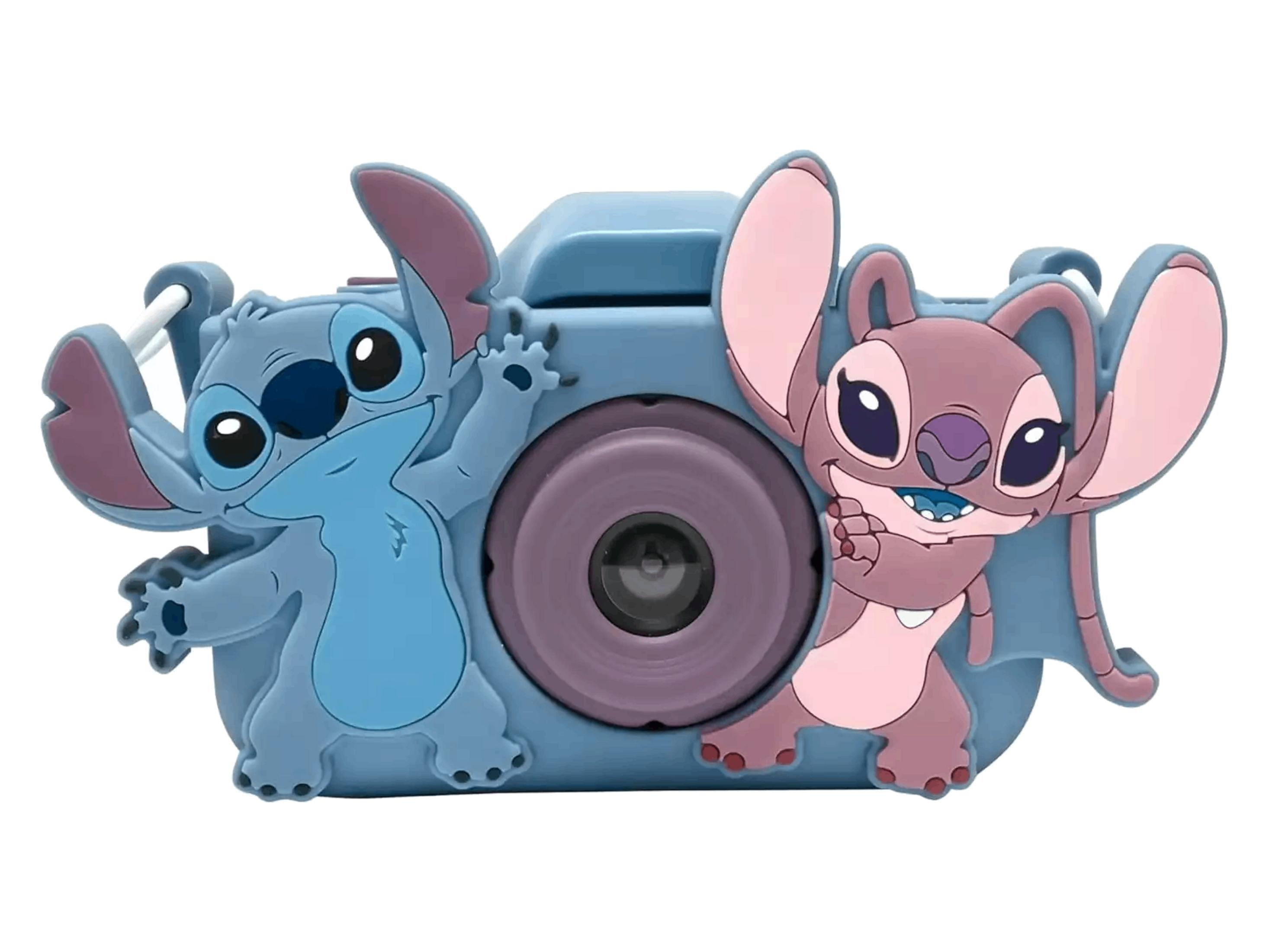 Custodia blu per fotocamera con personaggi di Stitch e Angel.