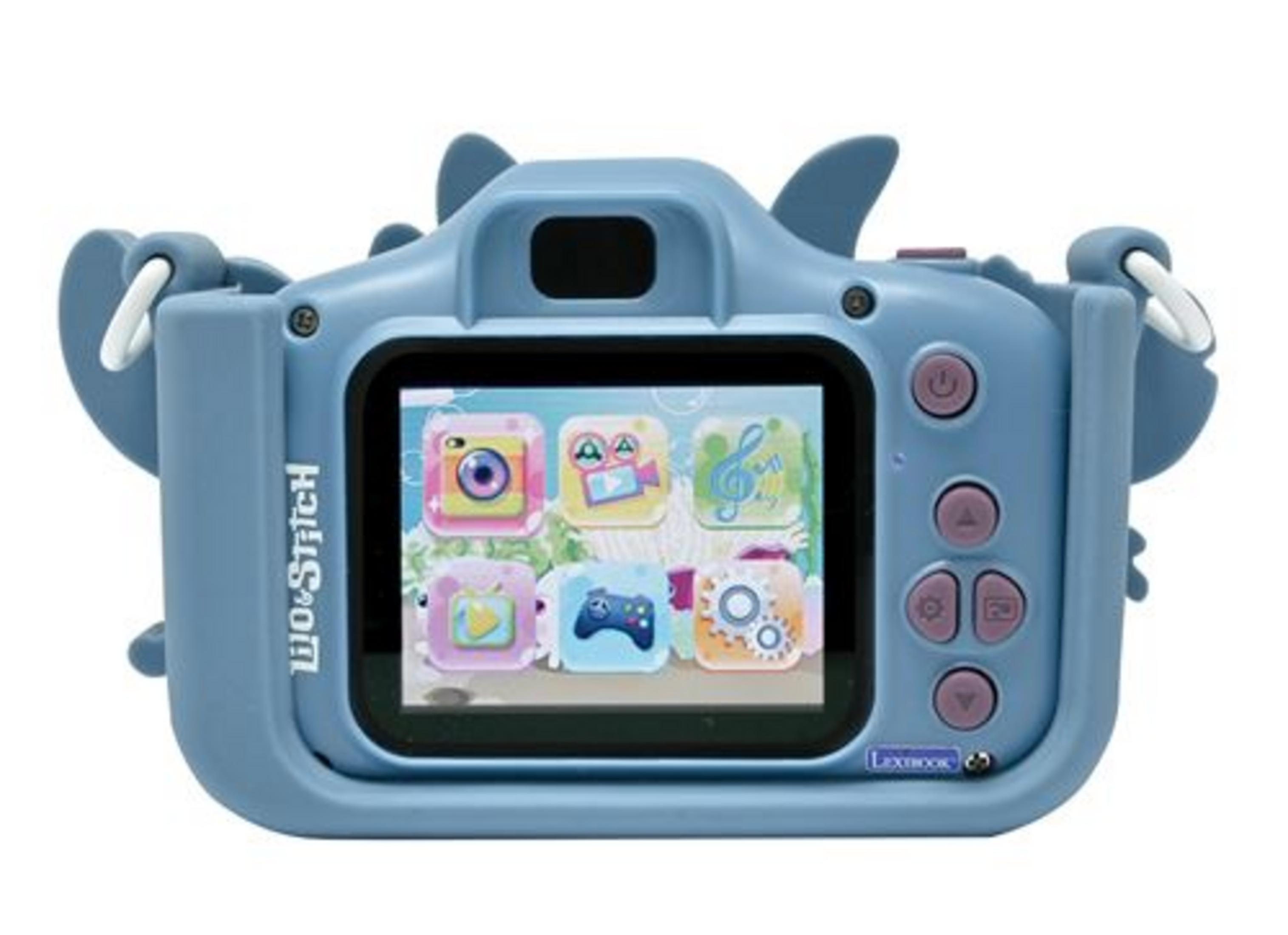 Una fotocamera blu per bambini a tema Lilo & Stitch con schermo e icone app.