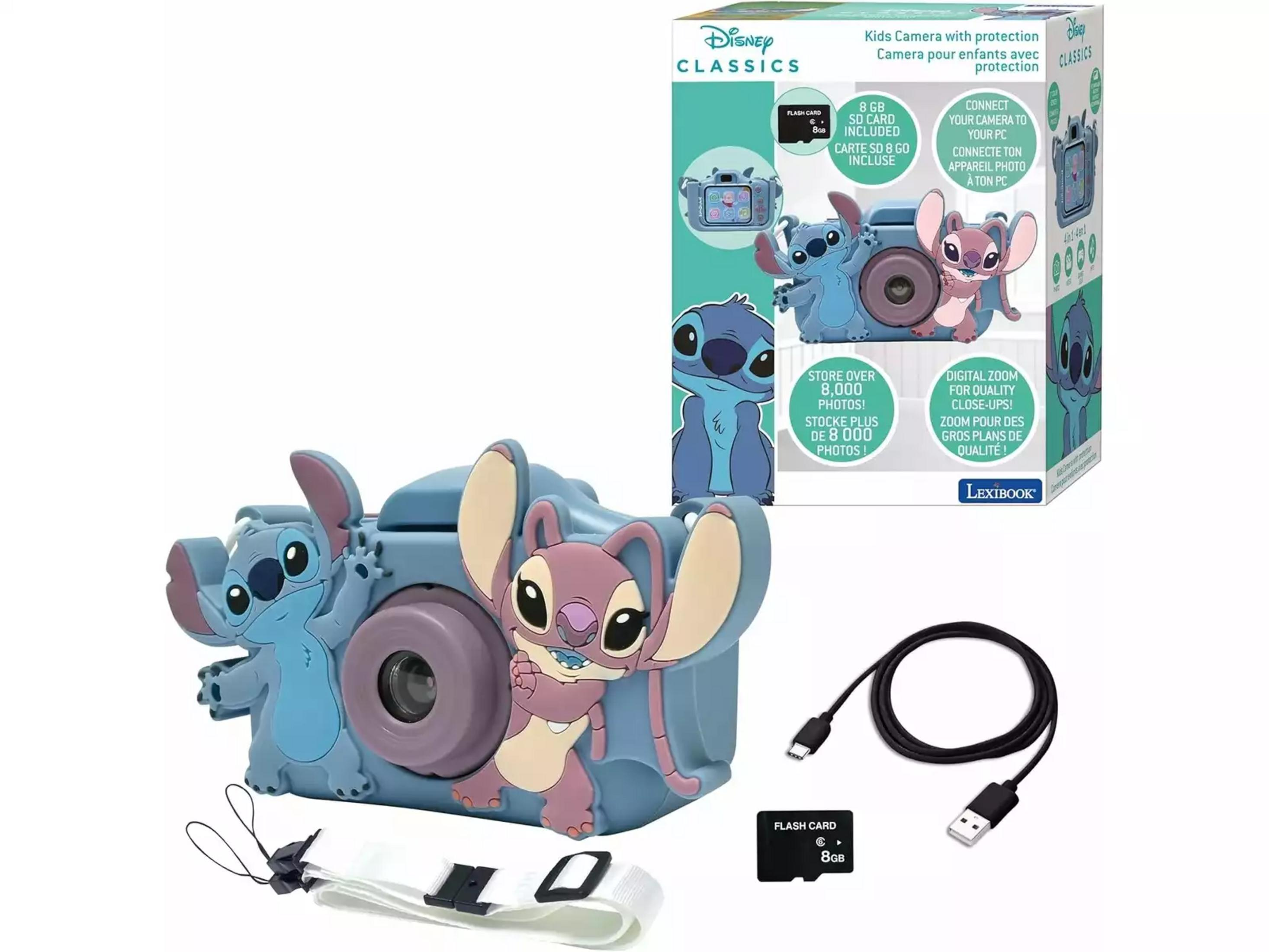 Una fotocamera digitale blu a tema Stitch, con scheda da 8 GB e cavo USB.
