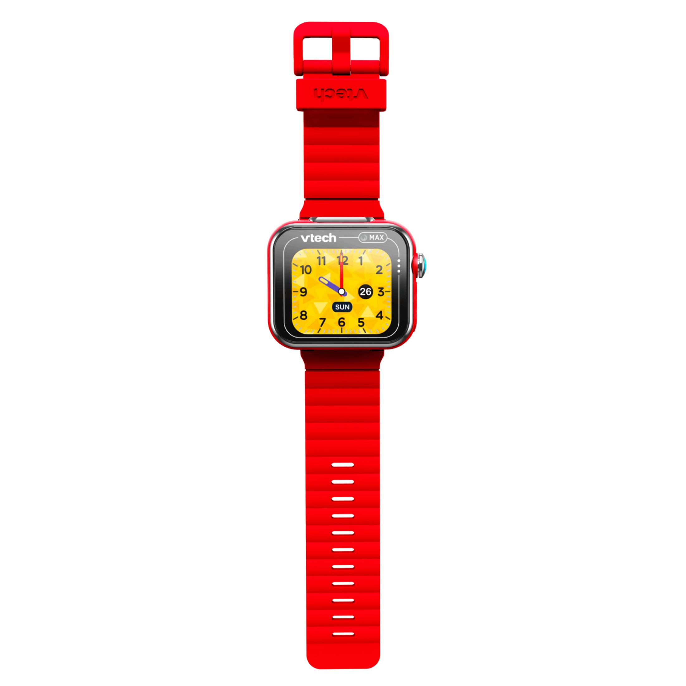 Uno smartwatch rosso con display digitale, che mostra ora e data.