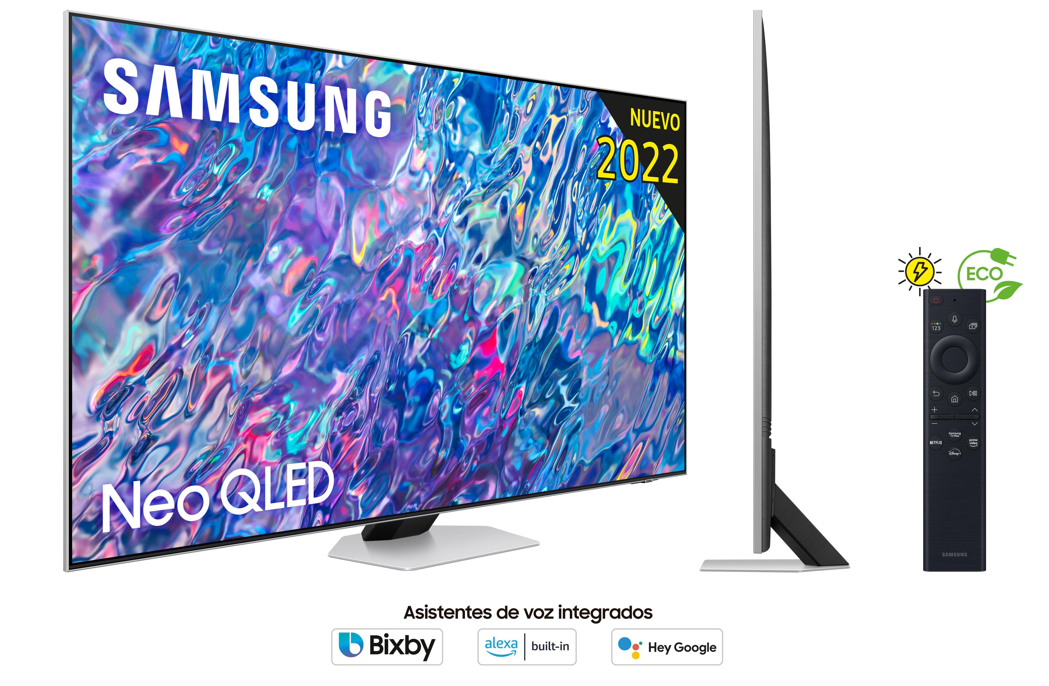 Ein Samsung Neo QLED Fernseher von 2022 mit Fernbedienung und ECO-Symbol.