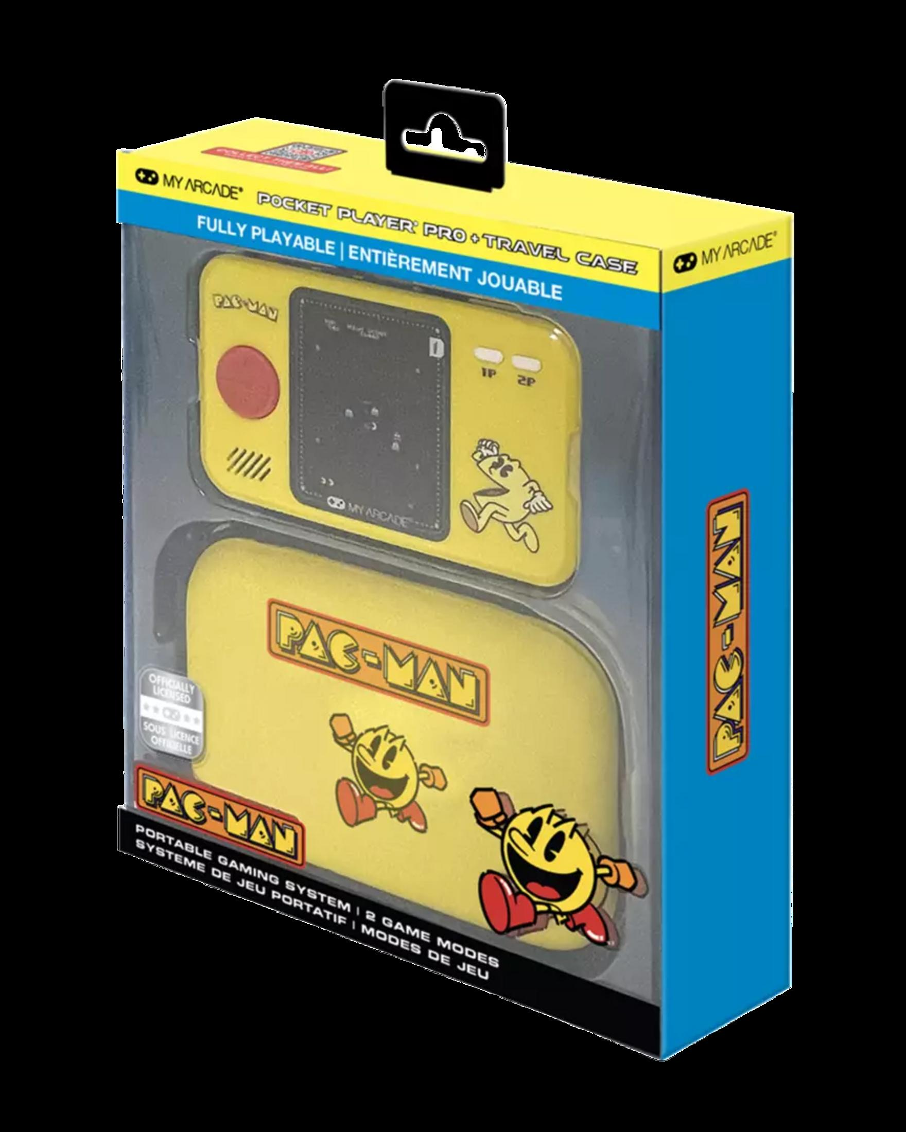 Funda amarilla de Pac-Man con un reproductor de juegos portátil.
