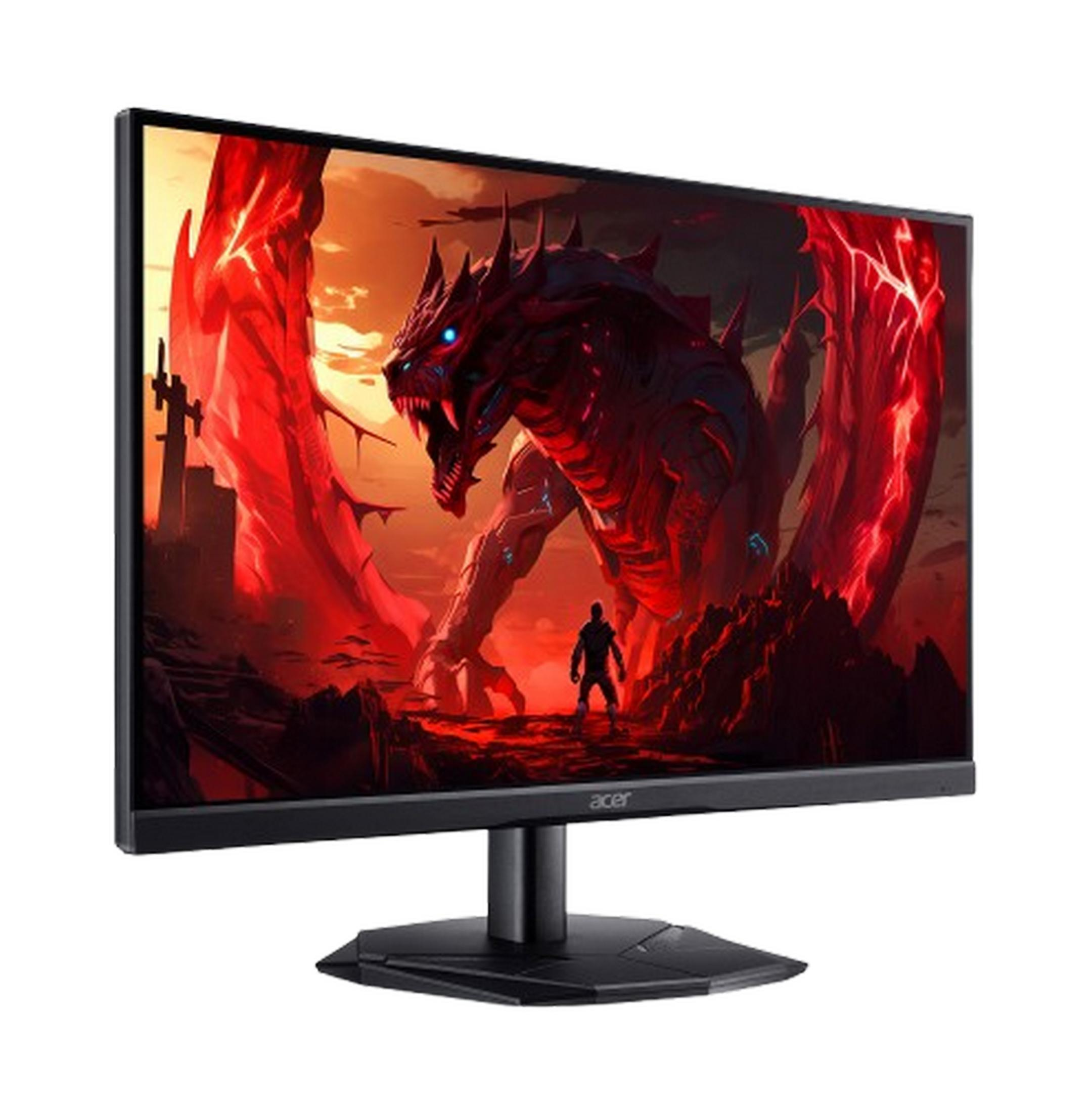 Monitor Acer wyświetla czerwonego smoka z niebieskimi oczami i mężczyznę.