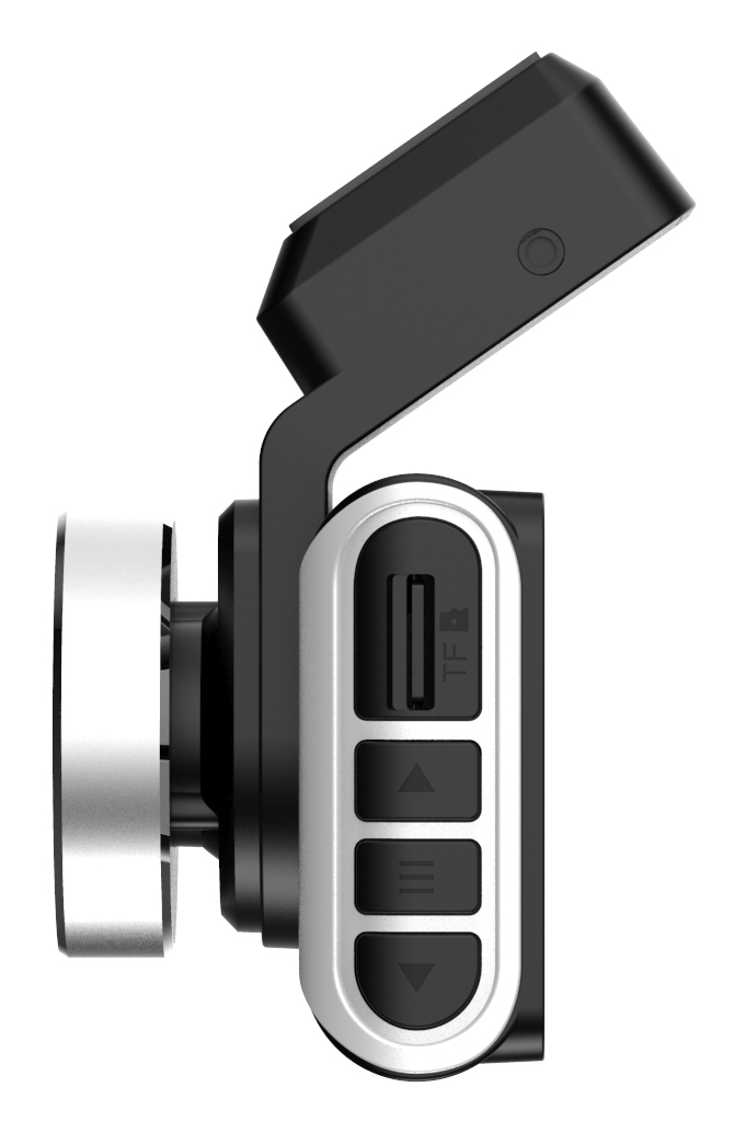 Primo piano di una dashcam con slot per scheda SD e pulsanti di controllo.