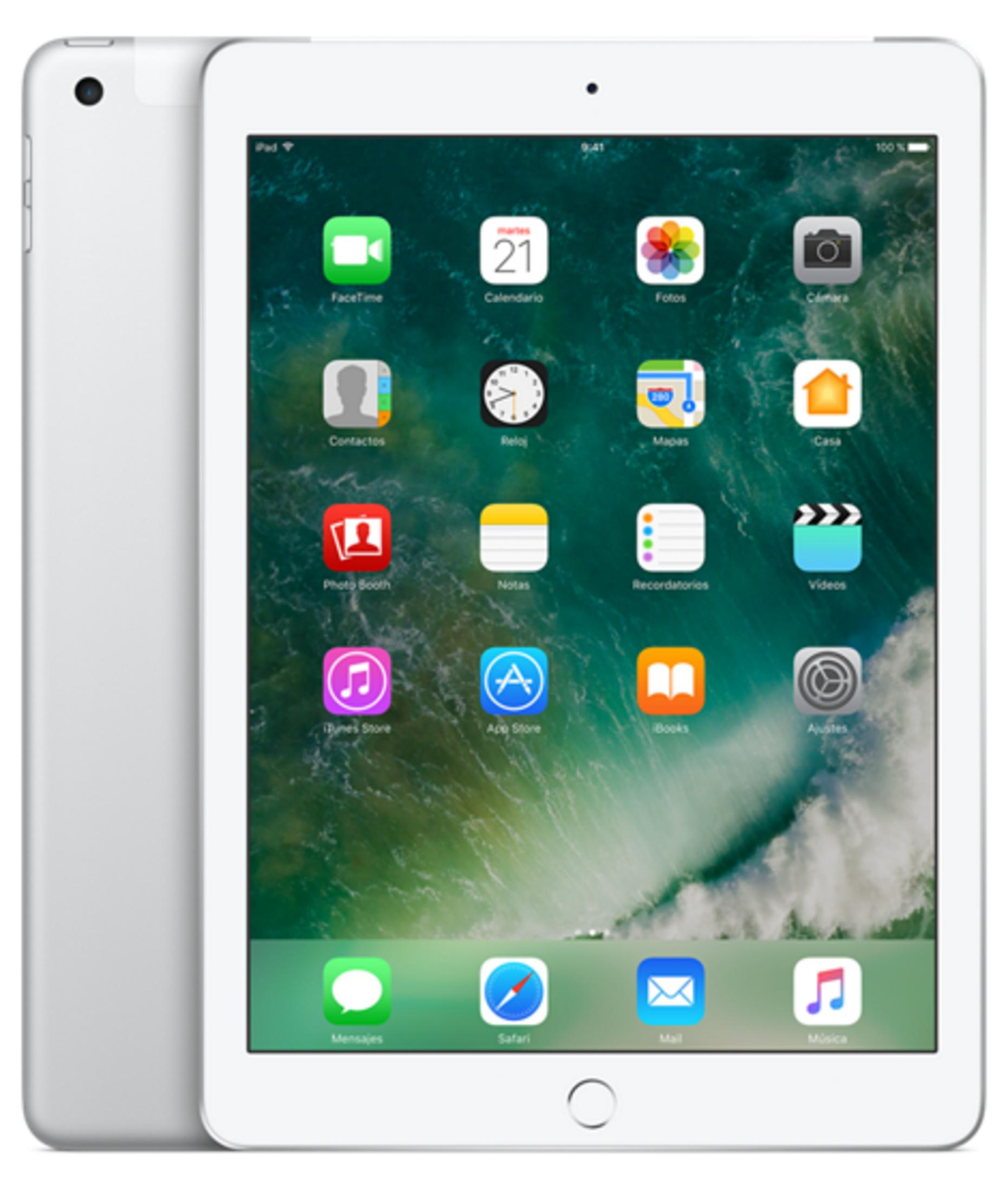 iPad plateado mostrando varios iconos de aplicaciones como FaceTime, Calendario, Fotos, Cámara, Contactos, Reloj, Mapas, Casa, Photo Booth, Notas, Recordatorios, Vídeos, iTunes Store, App Store, Libros, Ajustes, Mensajes, Safari, Mail y Música.