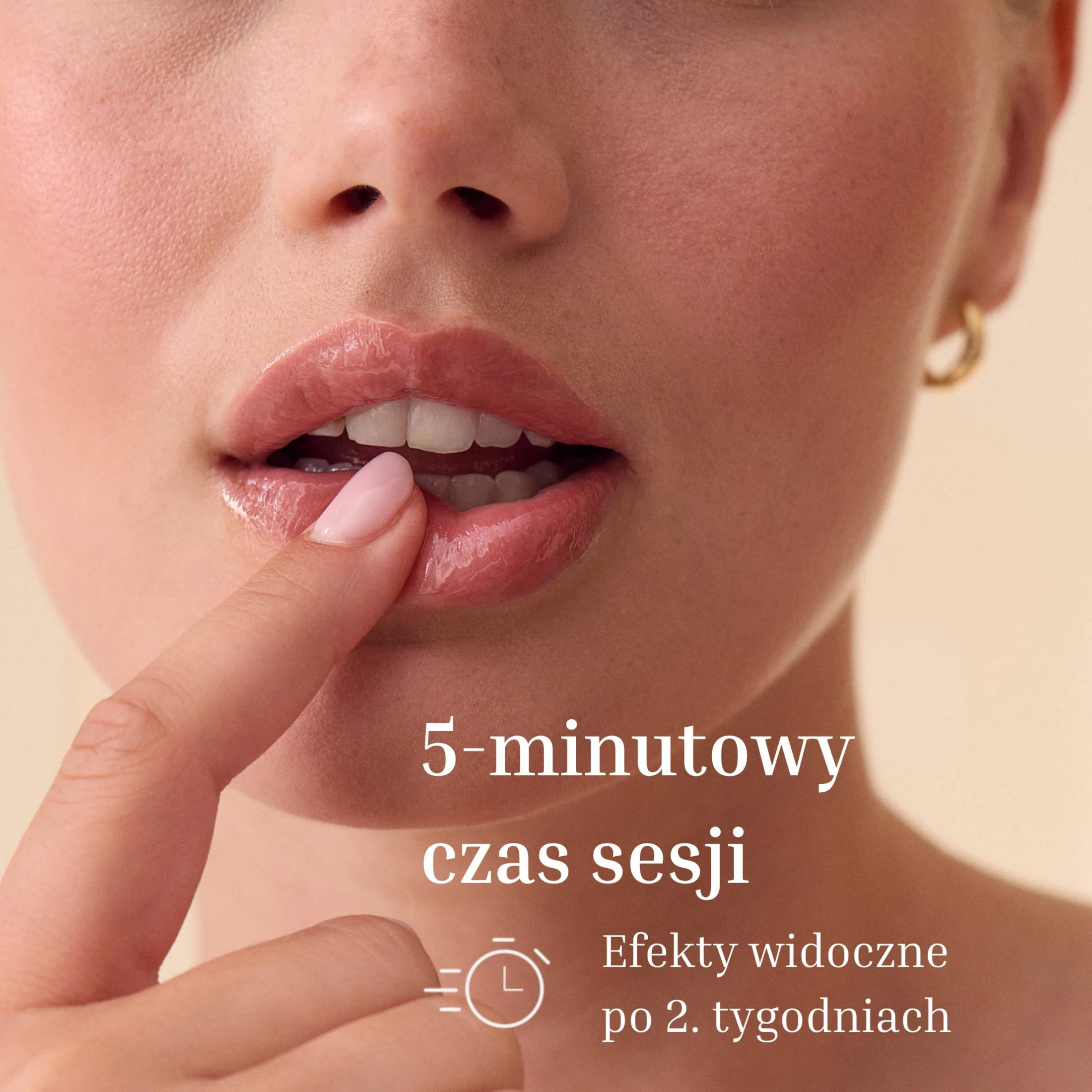Primo piano di labbra con dito e testo: sessione di 5 minuti, risultati dopo 2 settimane.