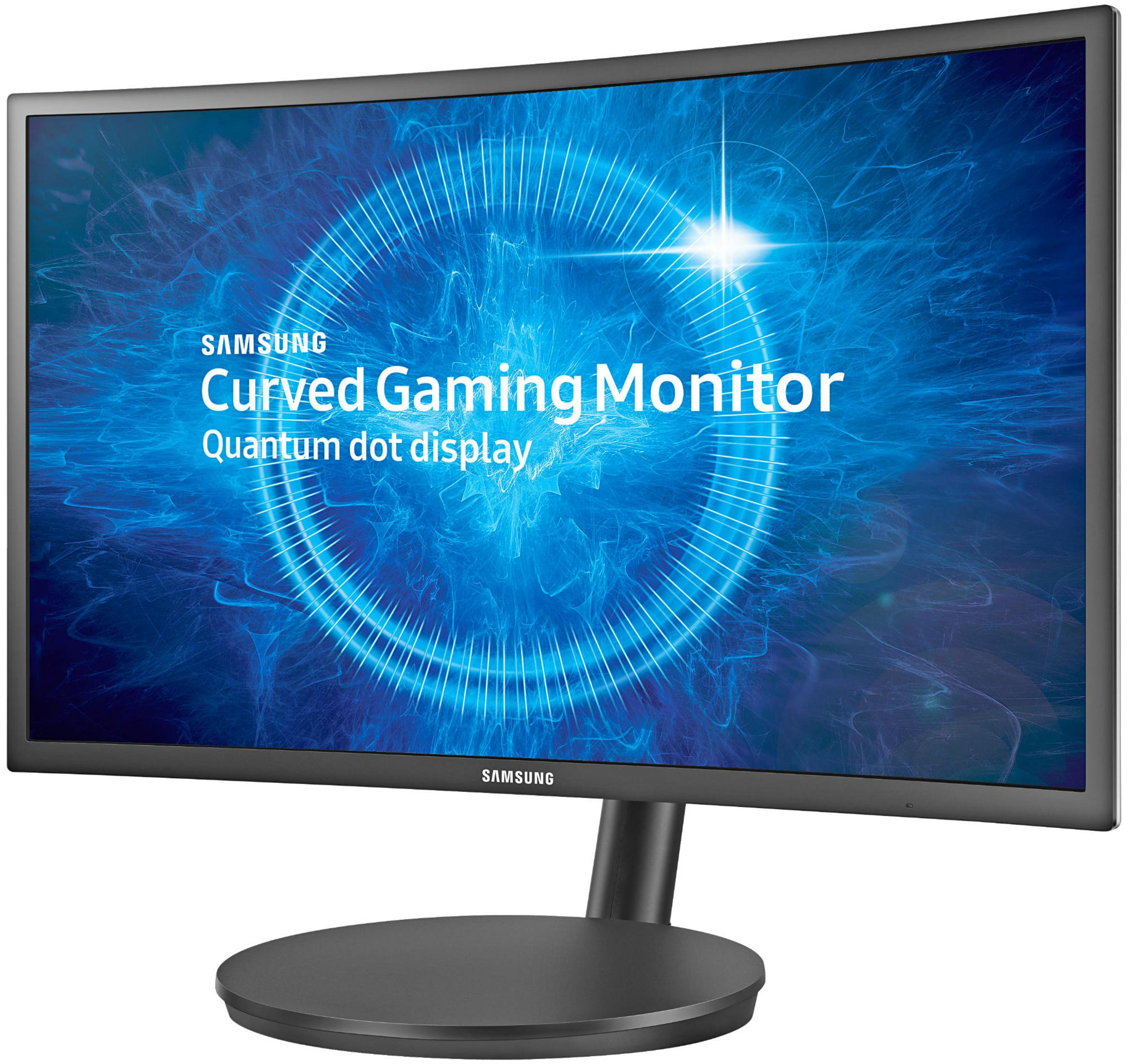 Un monitor gaming curvo Samsung con grafica blu e ondulata sullo sfondo.