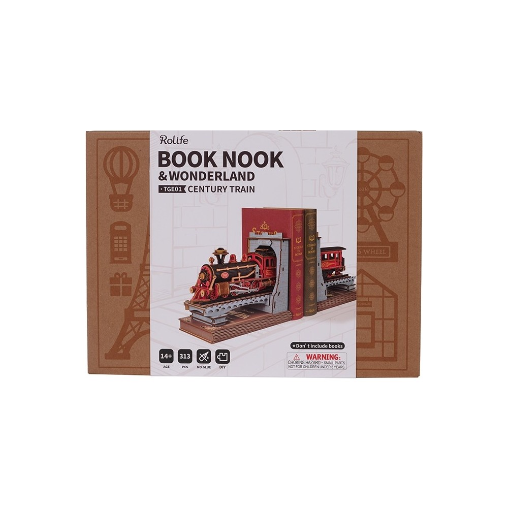 Tren modeli ve kitap aksesuarlı kitaplık köşesi seti kutu ambalajı.