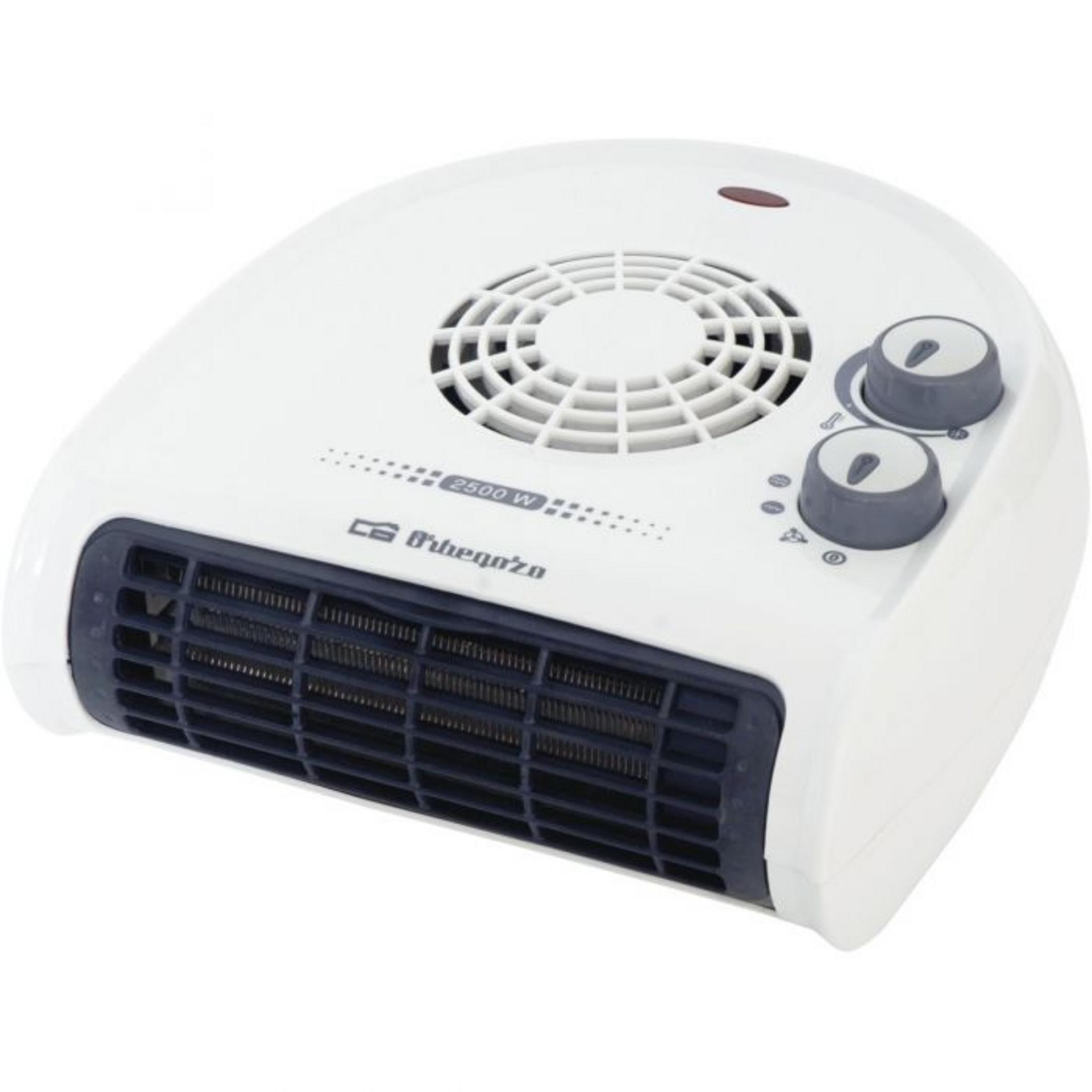 Una stufetta a ventola bianca con due manopole e fessure di ventilazione.