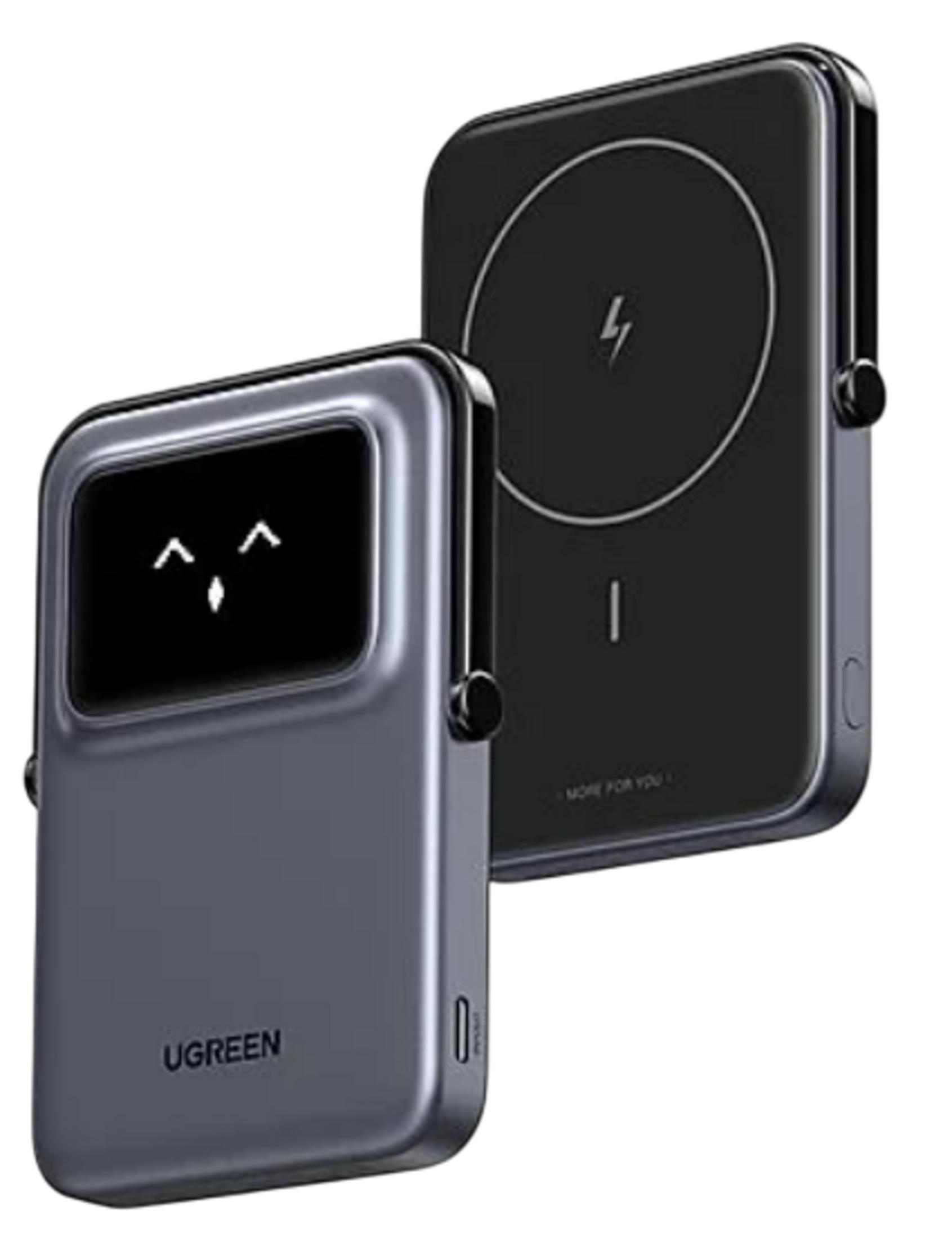 Due power bank UGREEN grigie una accanto all'altra, una con display emoji.