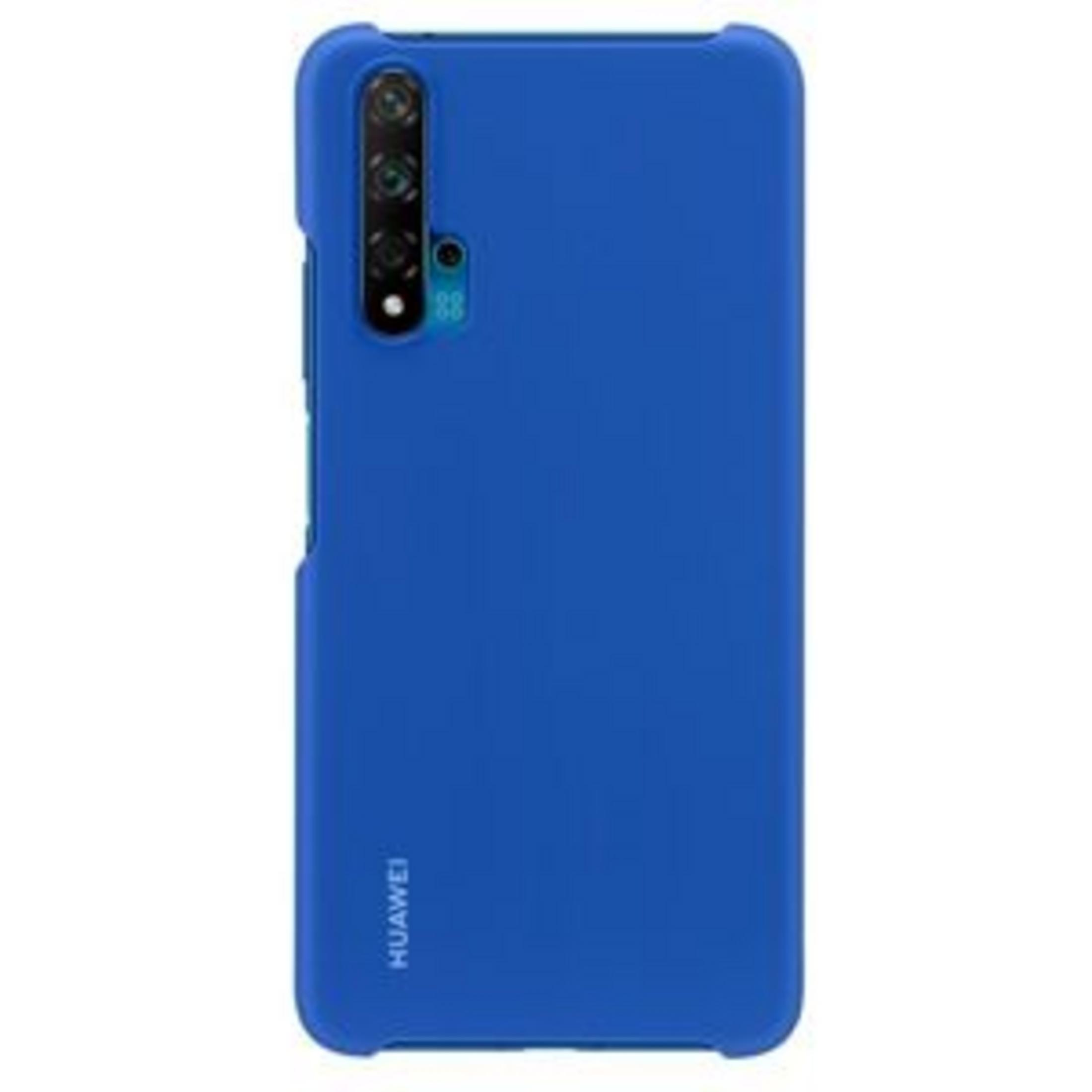 Una custodia blu per telefono con logo Huawei e lenti.