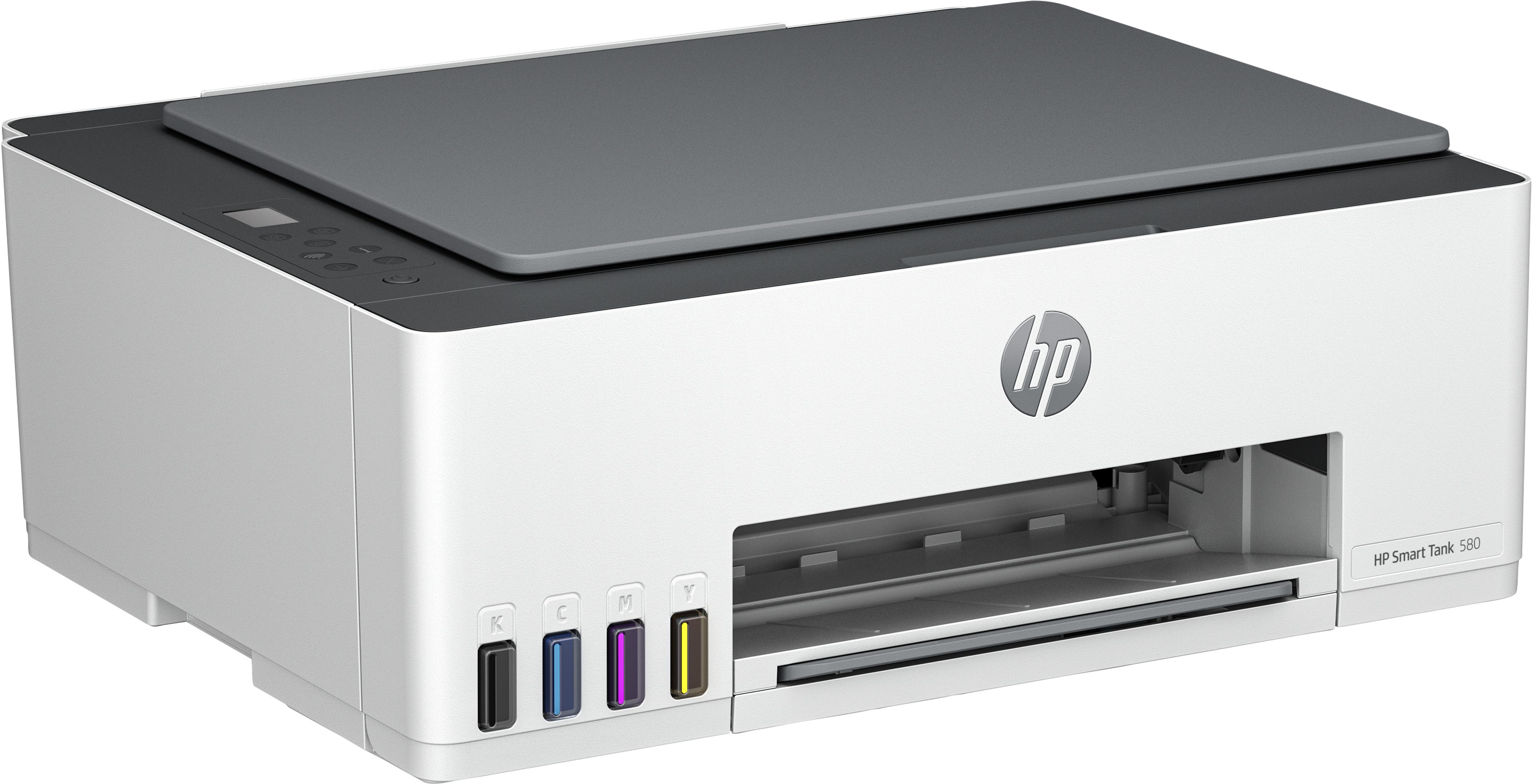 Ein weißer HP Smart Tank 580 Drucker mit grauer Abdeckung und sichtbaren Tintenbehältern.