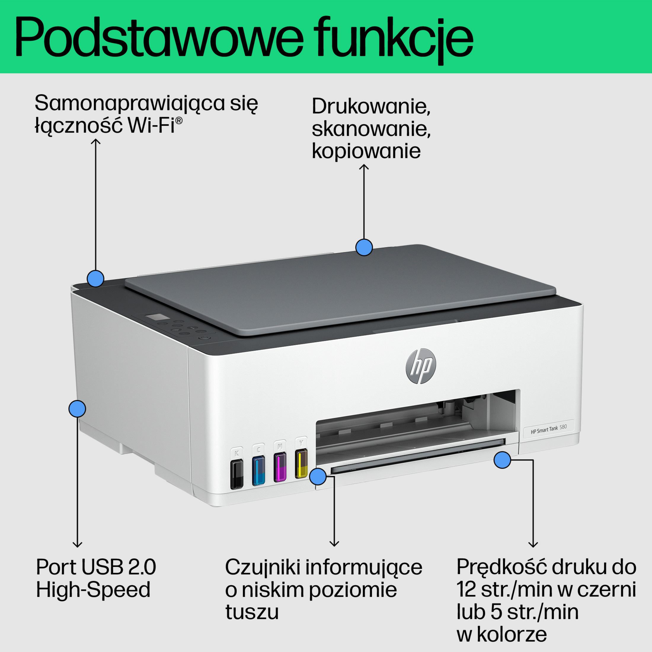 Ein weißer HP Drucker mit deutschen Beschriftungen für Funktionen.