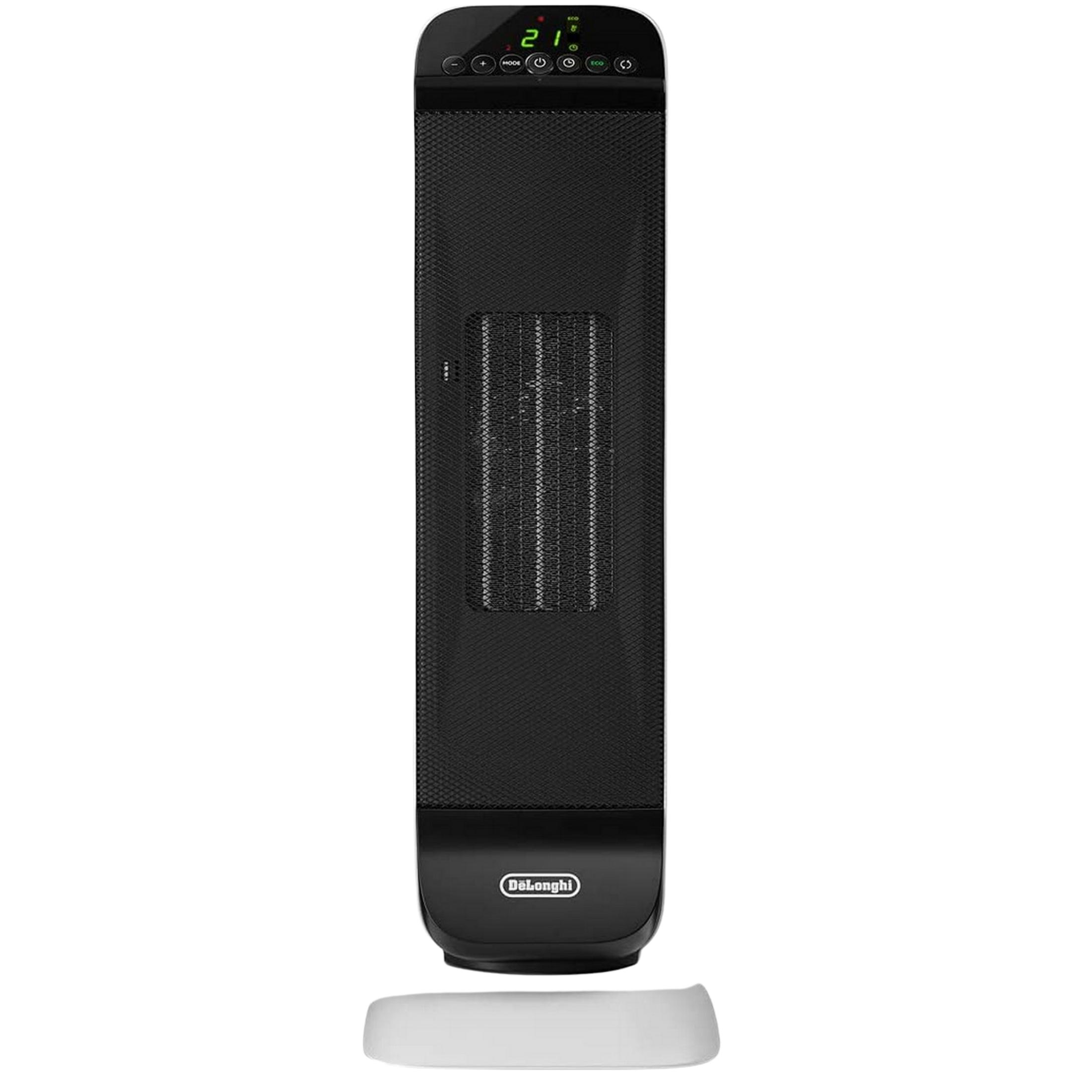 Stufa a torre nera con display digitale e base.