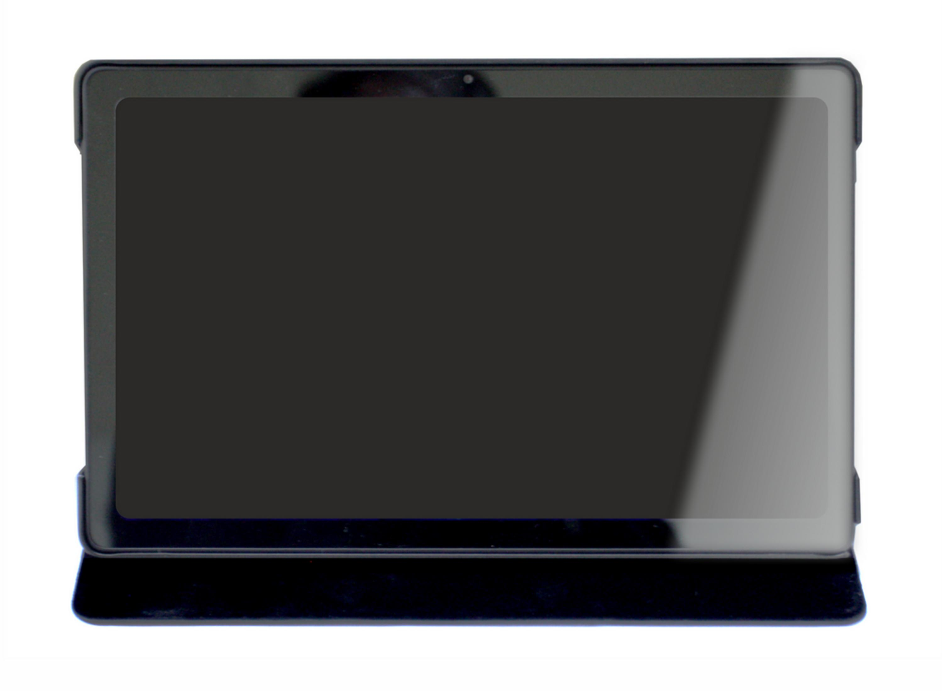 Una tableta negra con pantalla oscura, sobre una funda negra.
