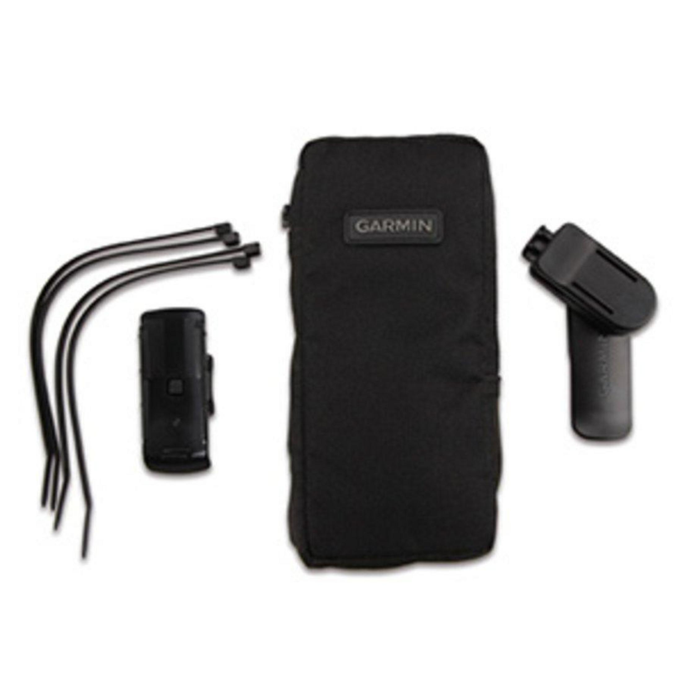 Schwarze Garmin-Tasche mit Fahrradhalterung und Kabelbindern.